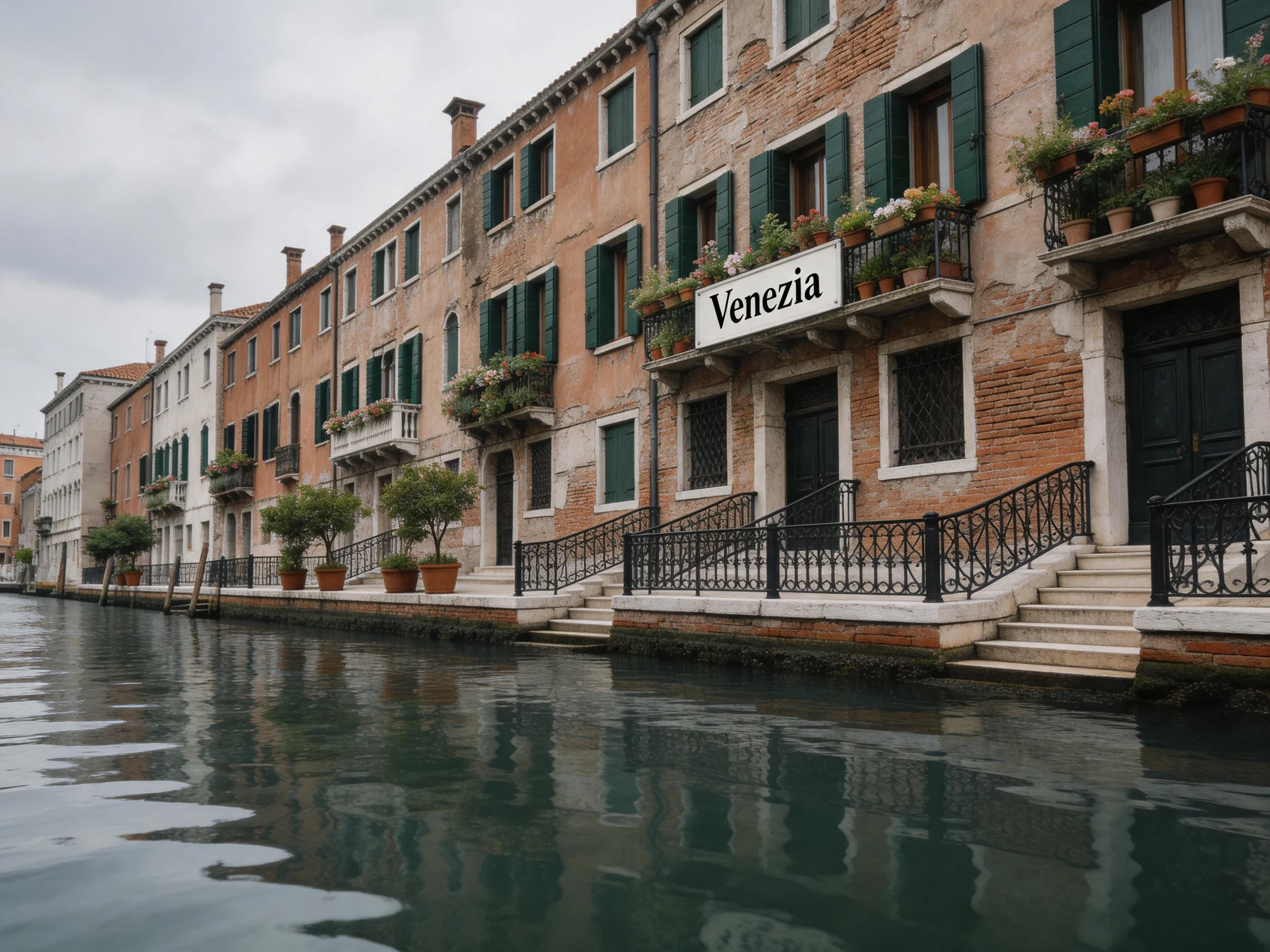 Historic brick buildings with green shutters border a scenic canal