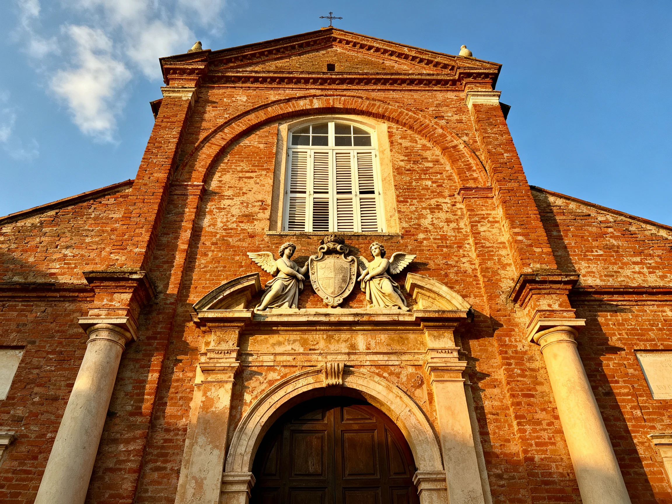 Historic brick church facade with stone angel statues and arched entrance