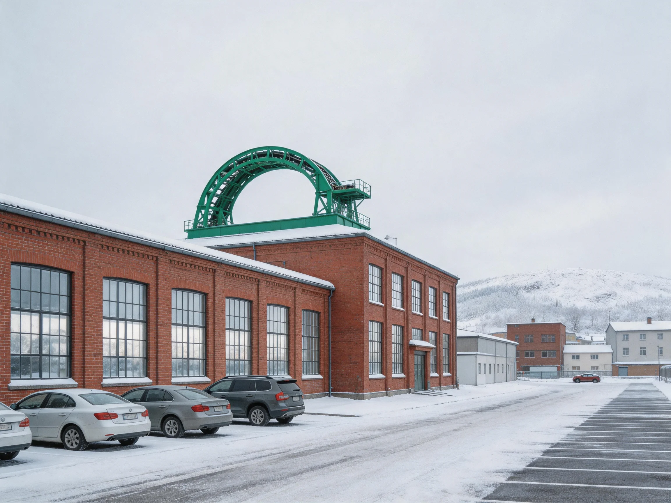 Historic brick factory with green metal arch in snowy landscape