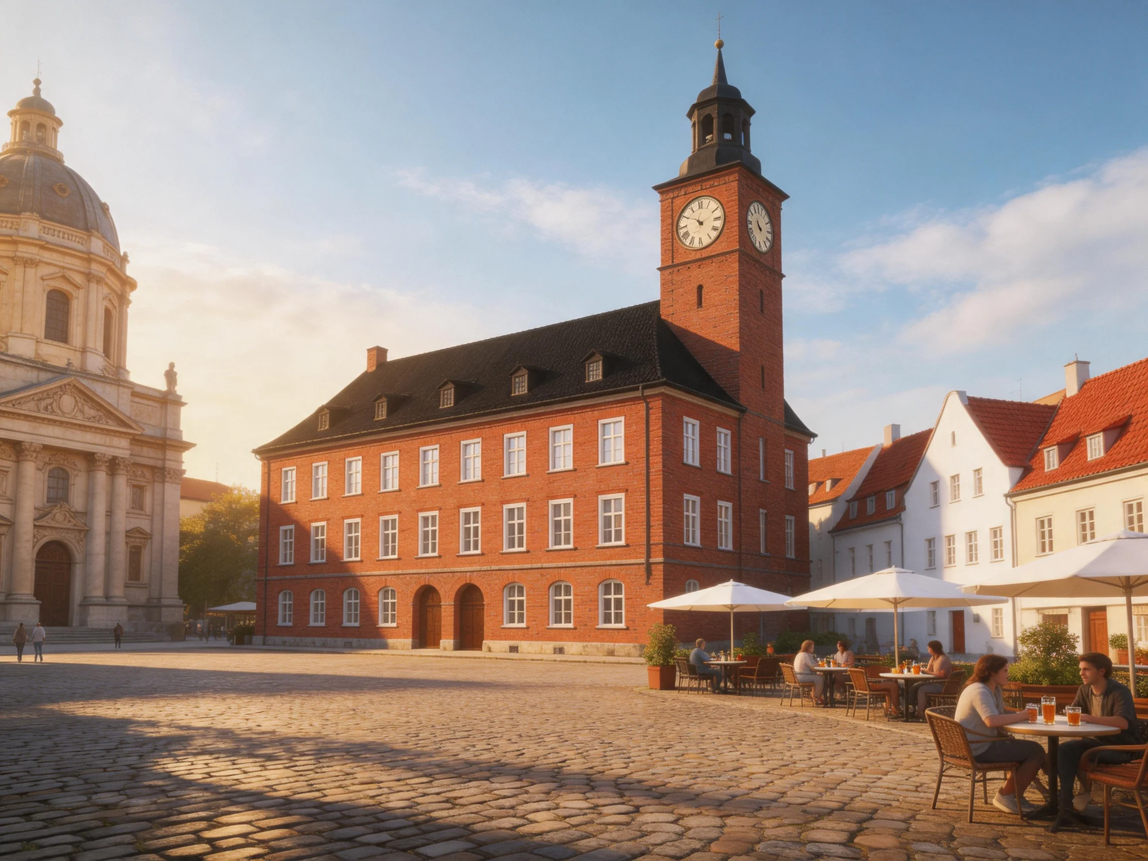 Historic brick town square with clock tower and cobblestones