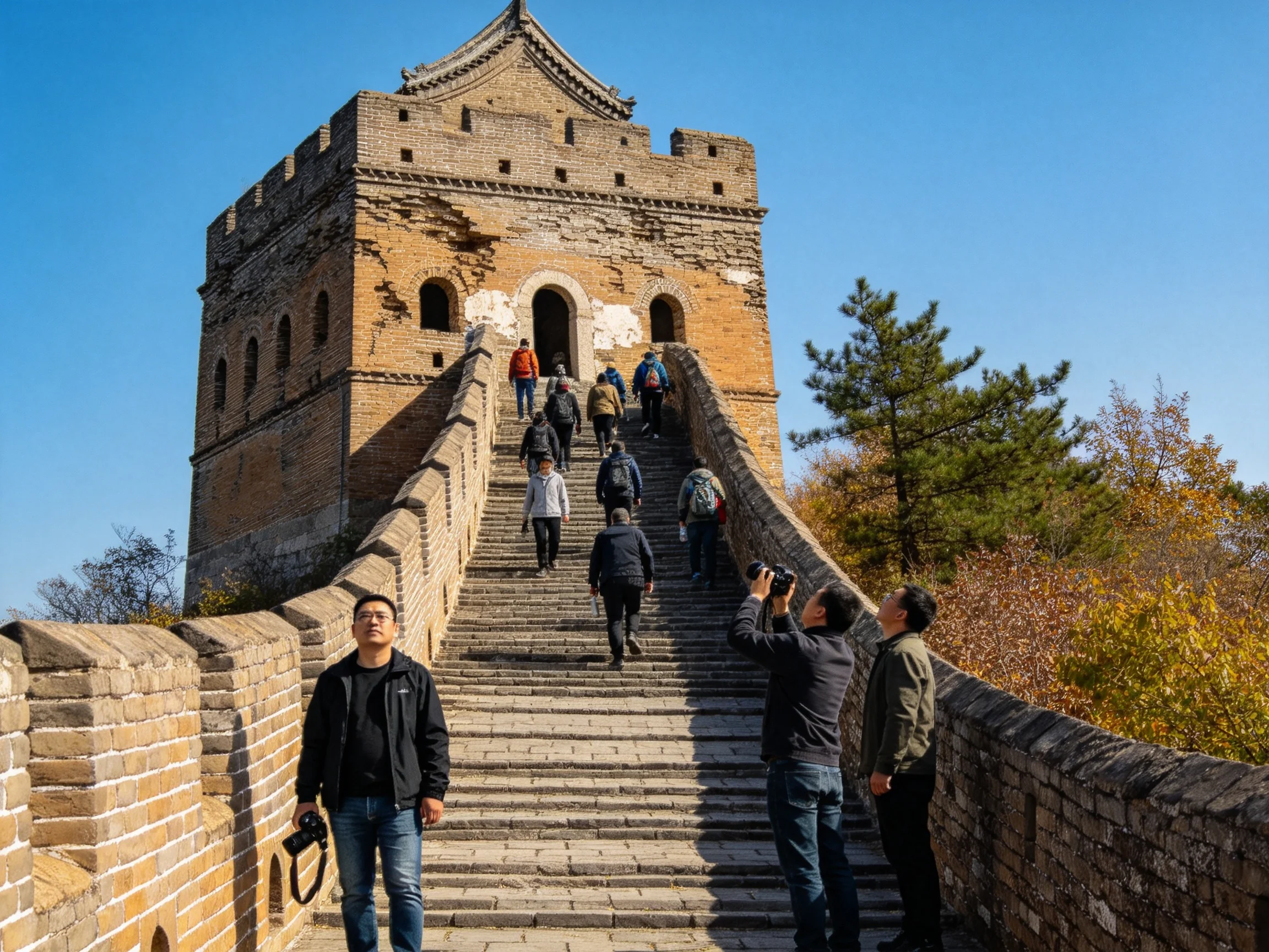 Historic brick watchtower on the Great Wall with tourists climbing stone stairs