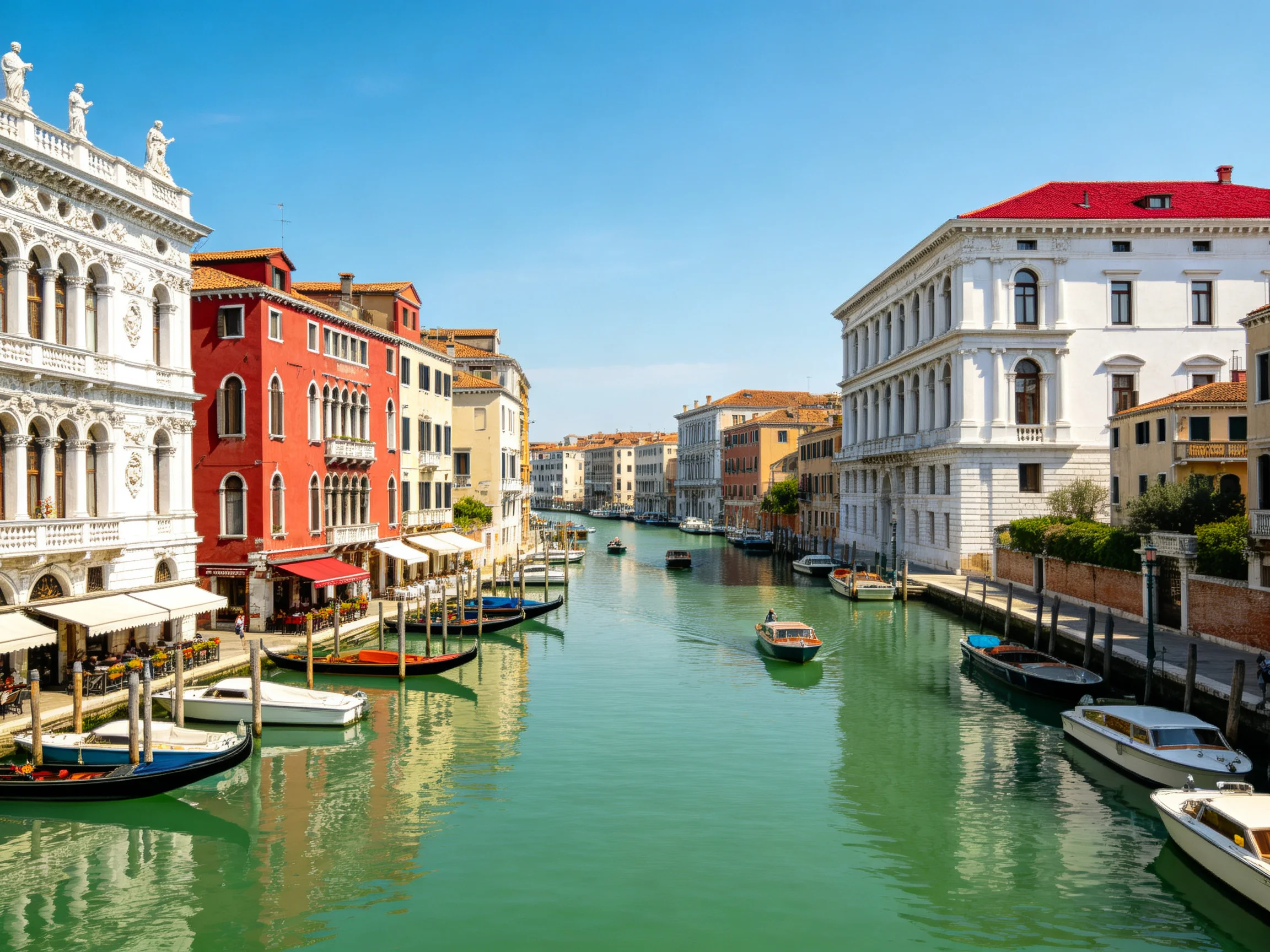 Historic buildings of different colors border a calm canal with boats