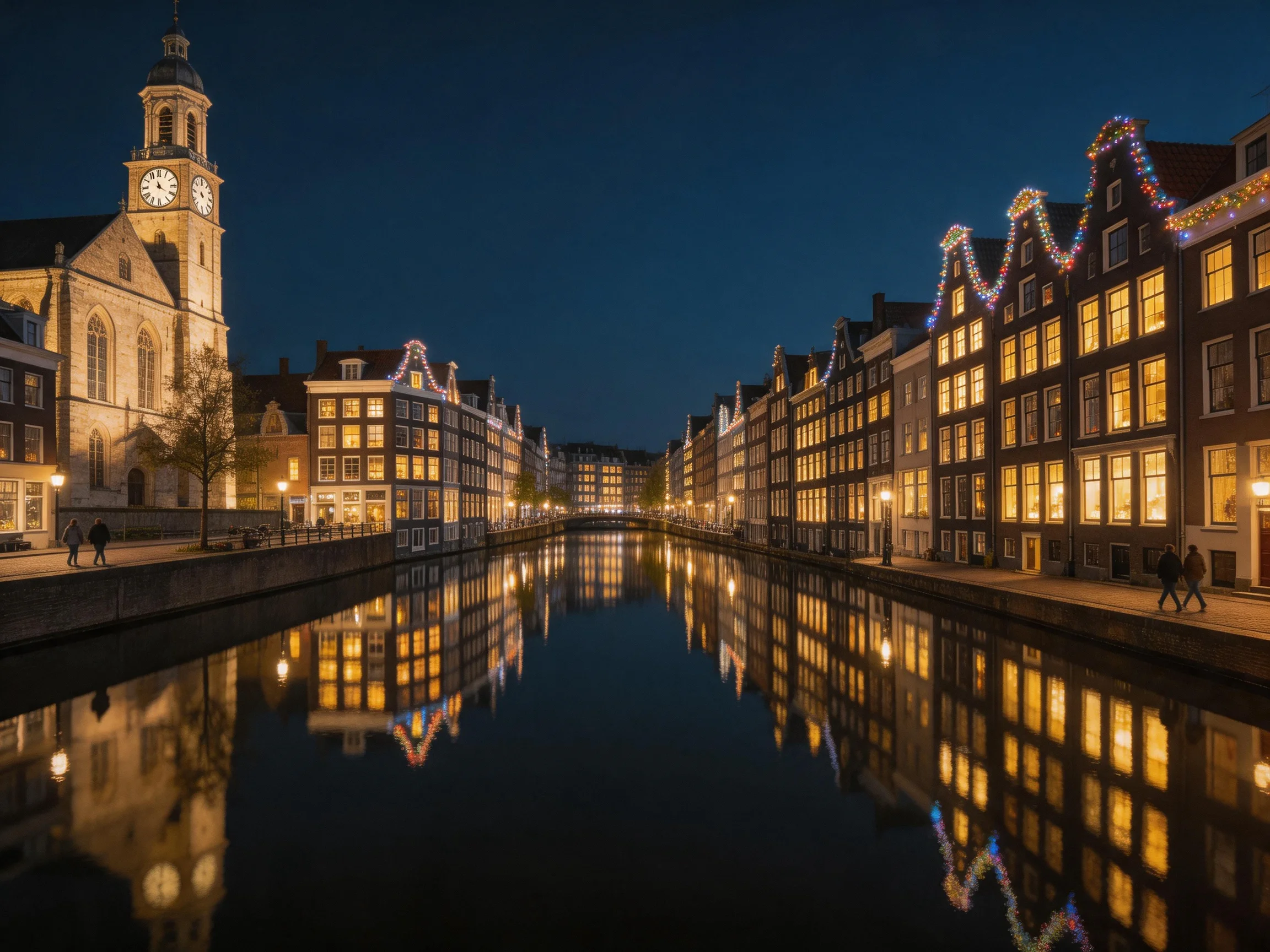 Historic buildings with festive lights reflect in a calm nighttime canal