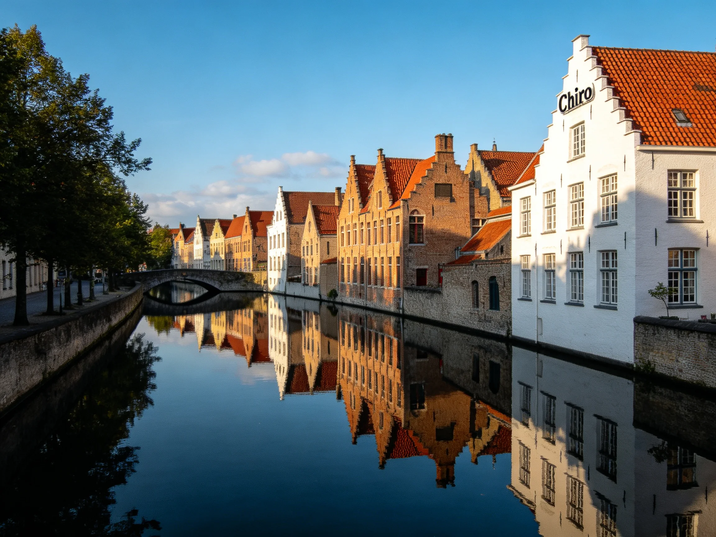 Historic canal lined with colorful medieval-style buildings reflecting in calm water