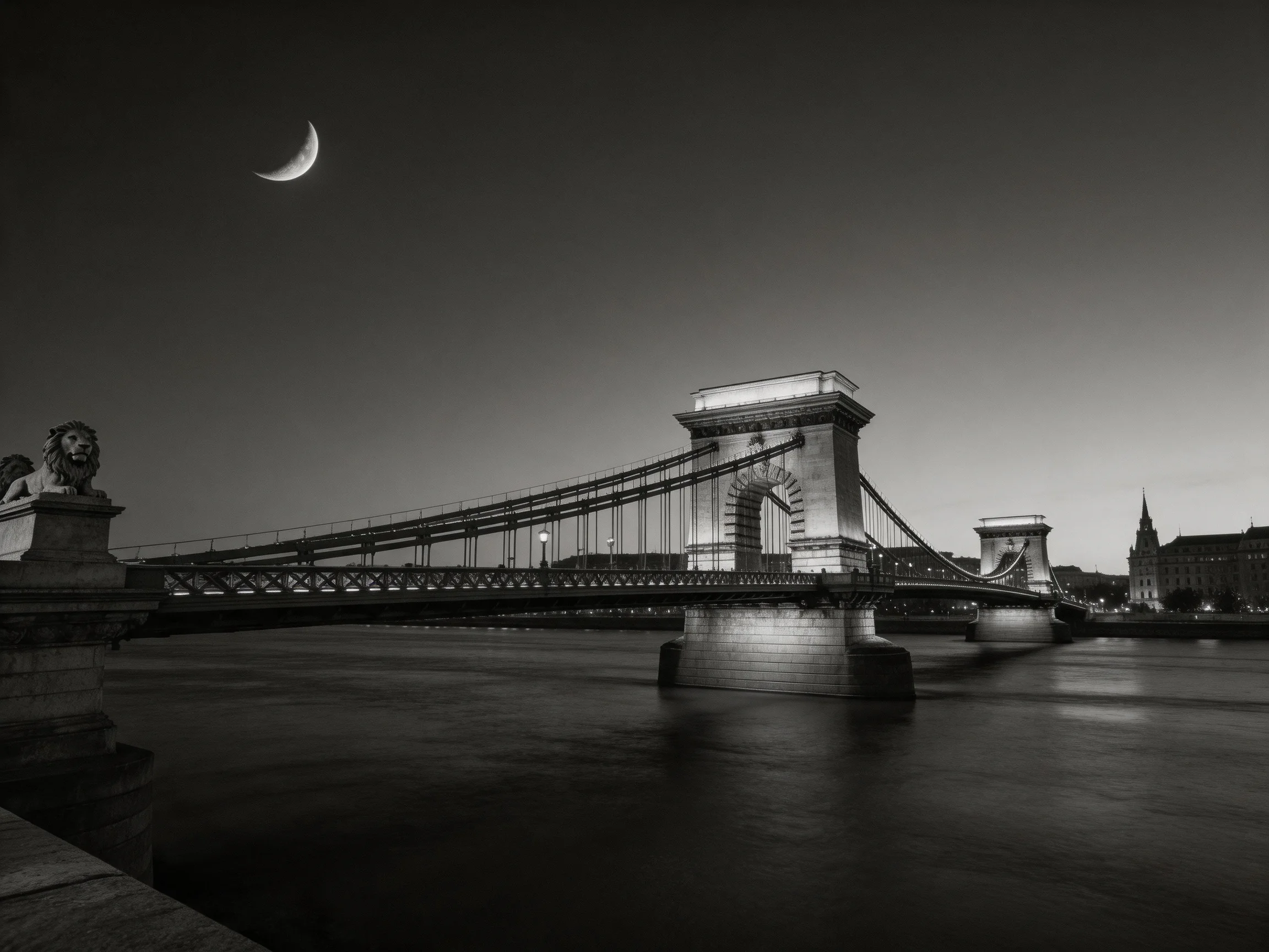 Historic chain bridge lit at twilight with crescent moon above