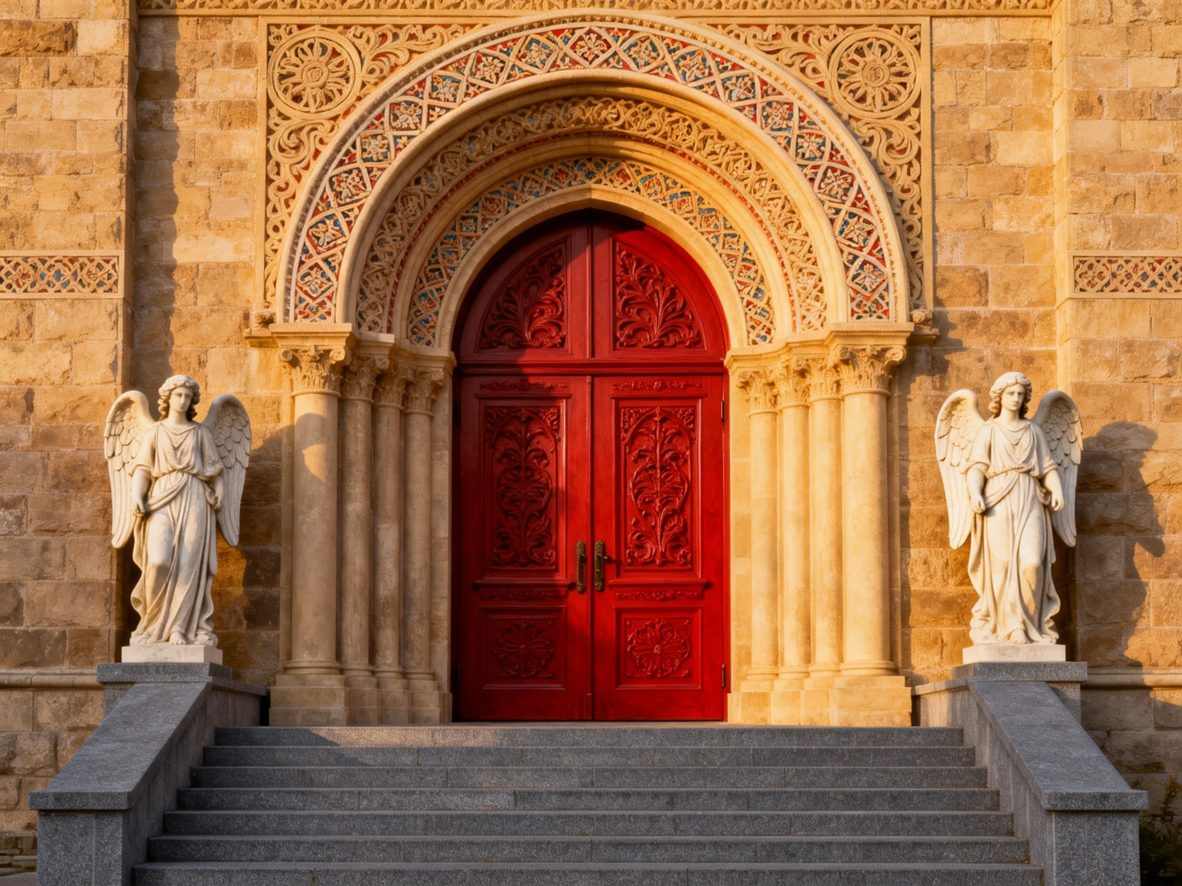 Historic church entrance with red doors and angel statues