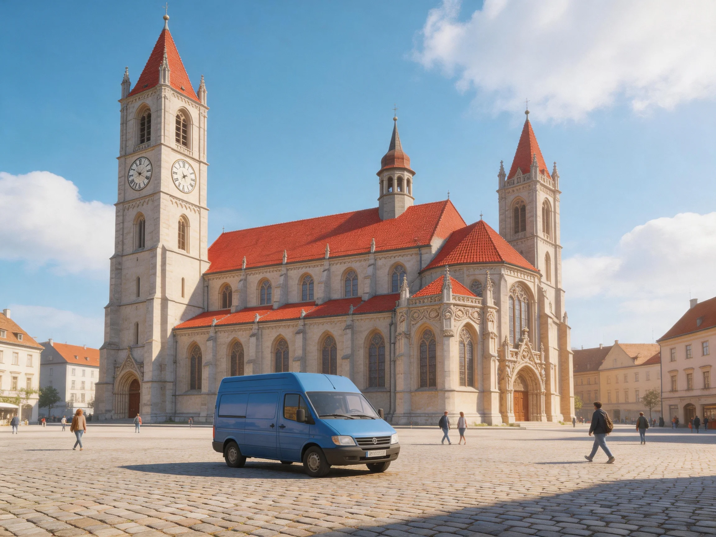Historic church with red roofs, blue van, cobblestone plaza