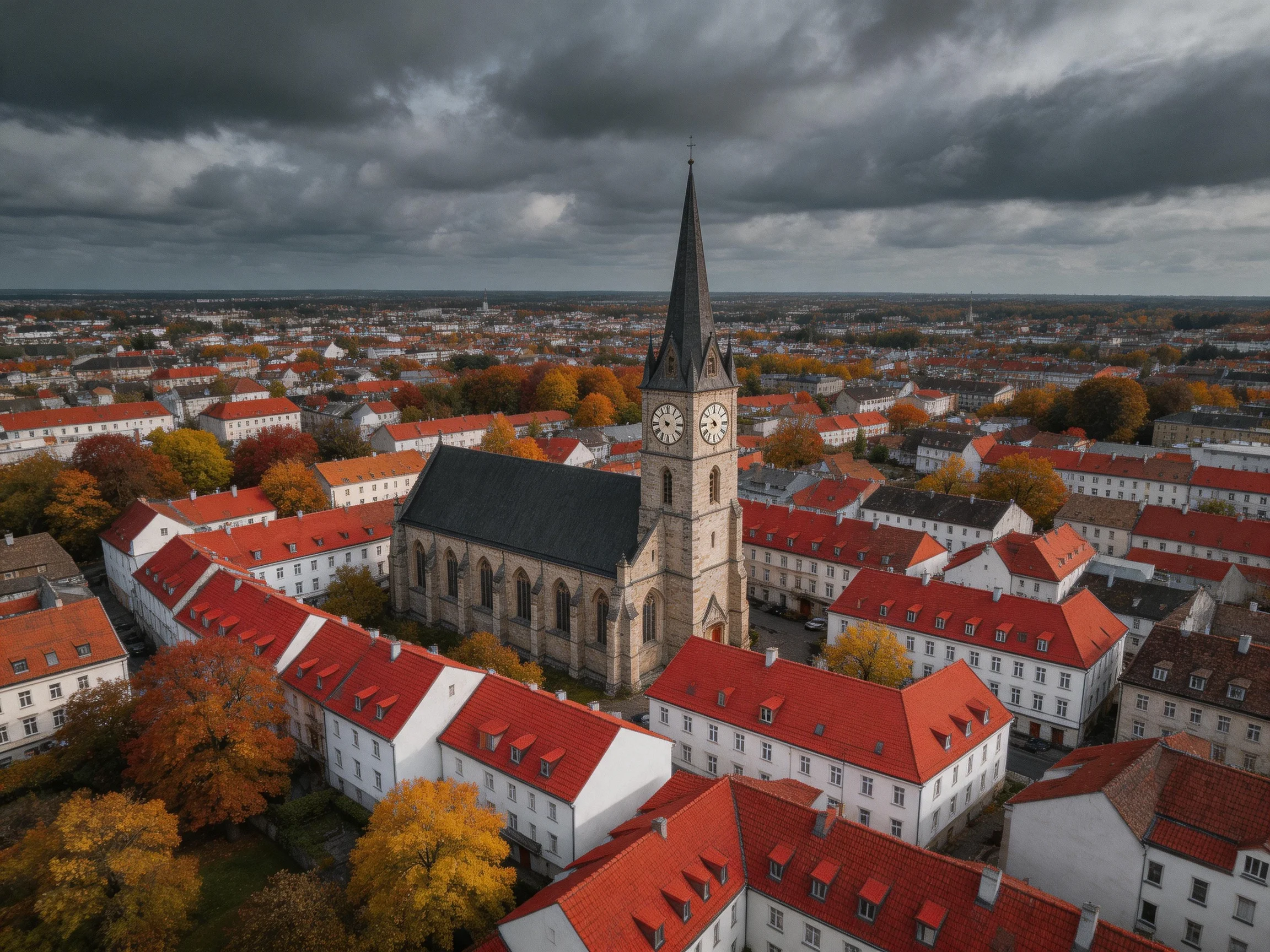 Historic church with tall clock tower near red-roofed buildings under dark clouds