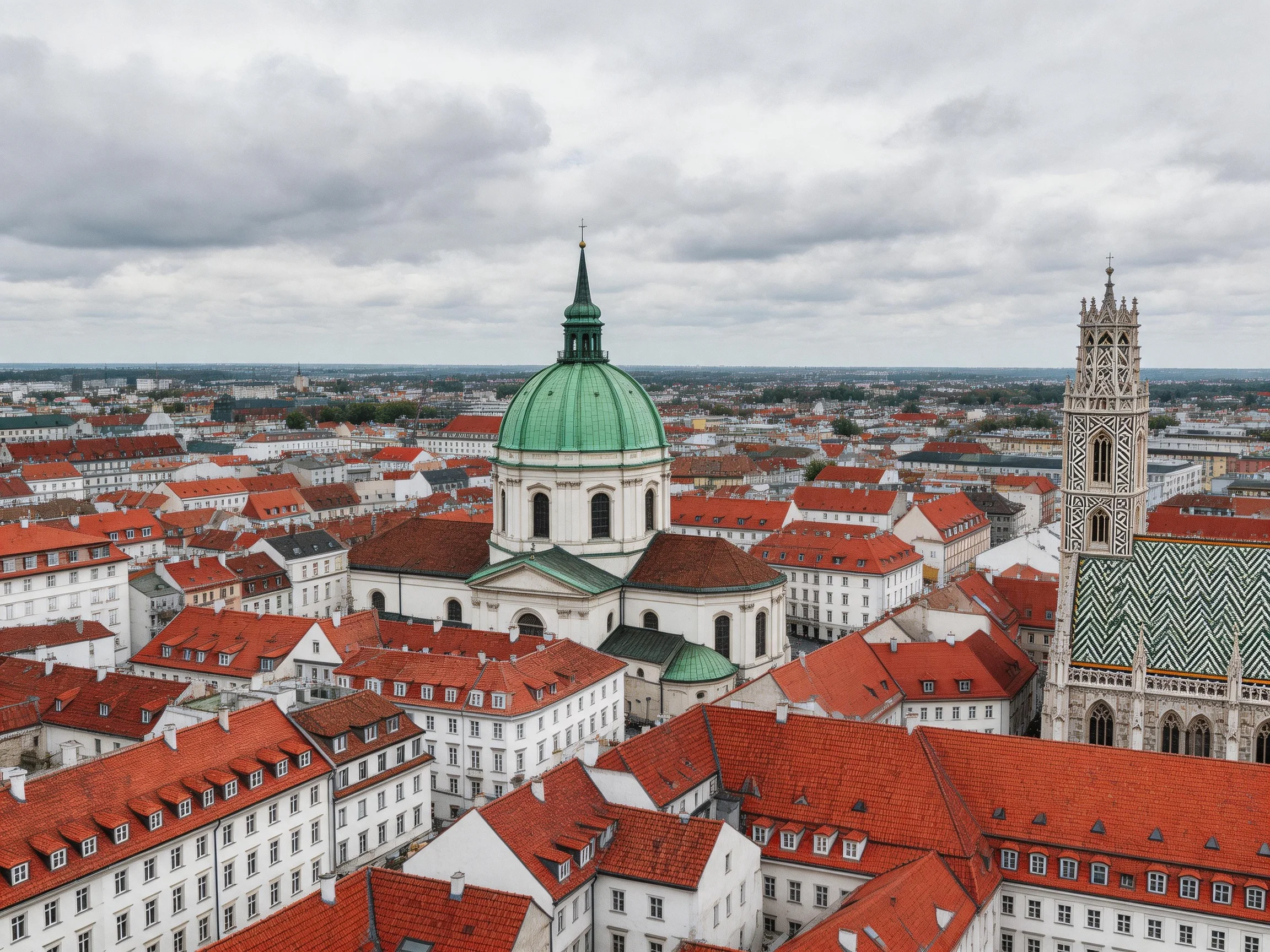 Historic cityscape with green-domed church and red-roofed architecture