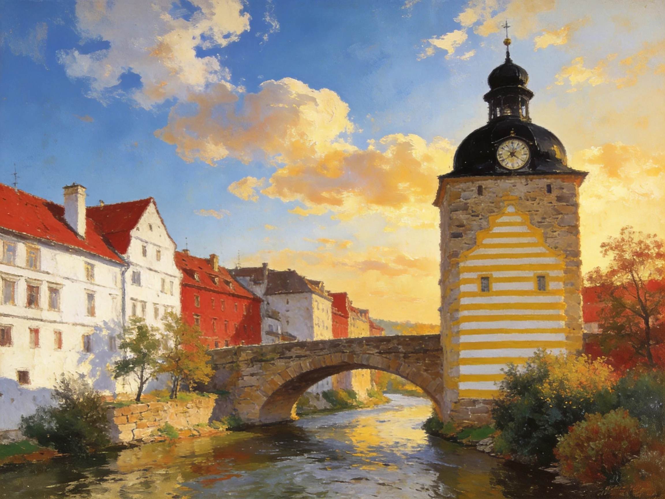 Historic clock tower bridge over river with colorful town buildings