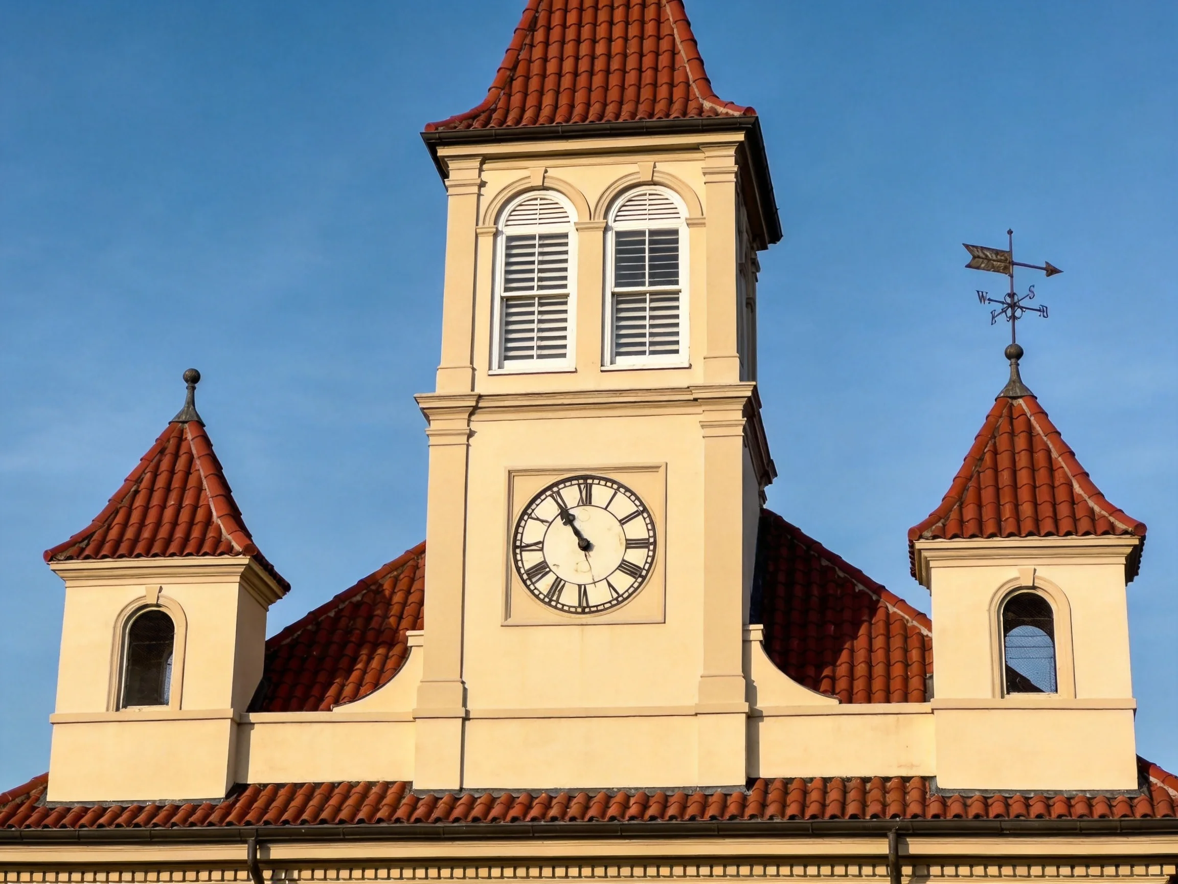 Historic clock tower with red tile roofs and cream-colored walls