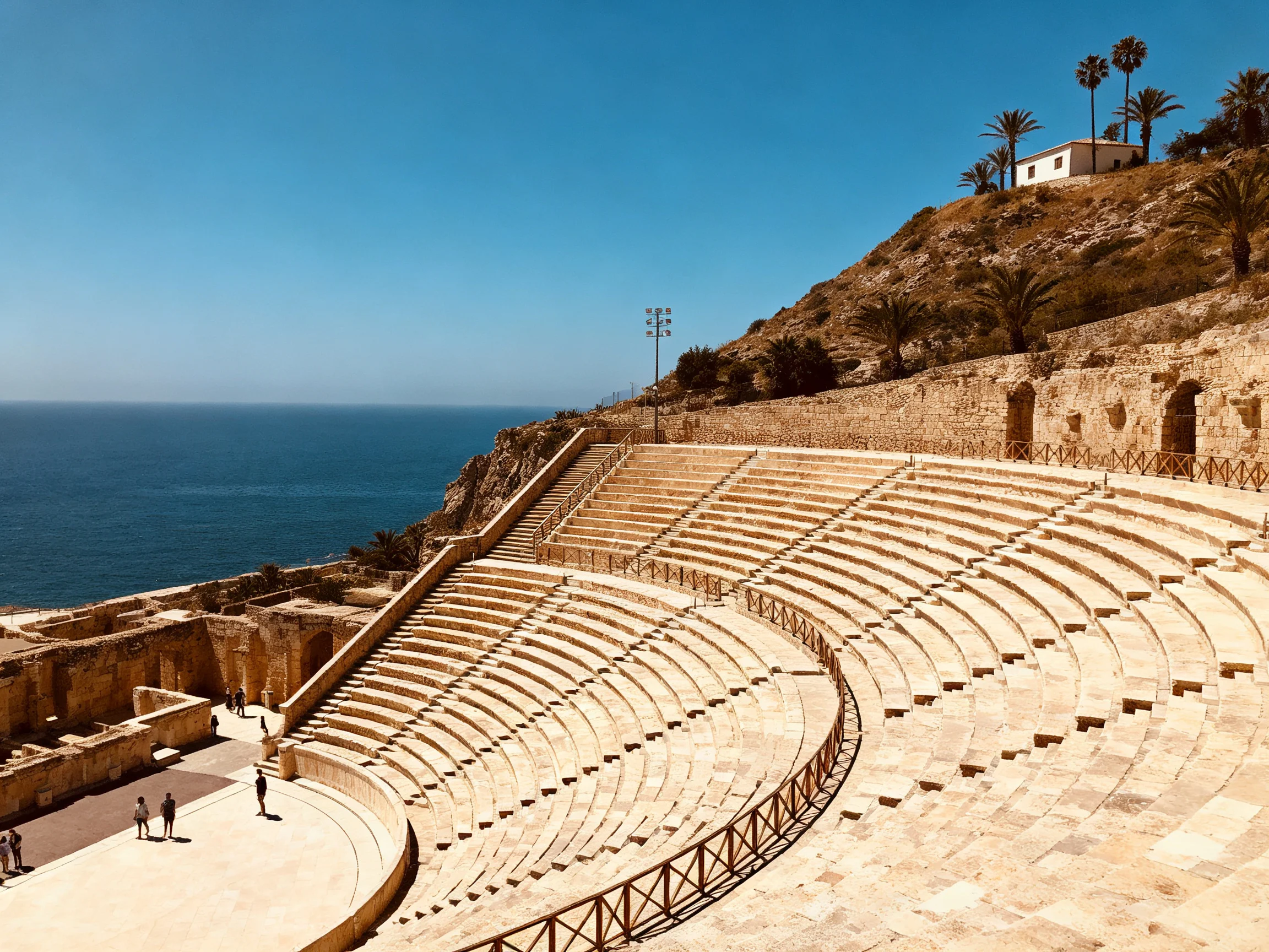Historic coastal amphitheater with stone seating and blue sea view