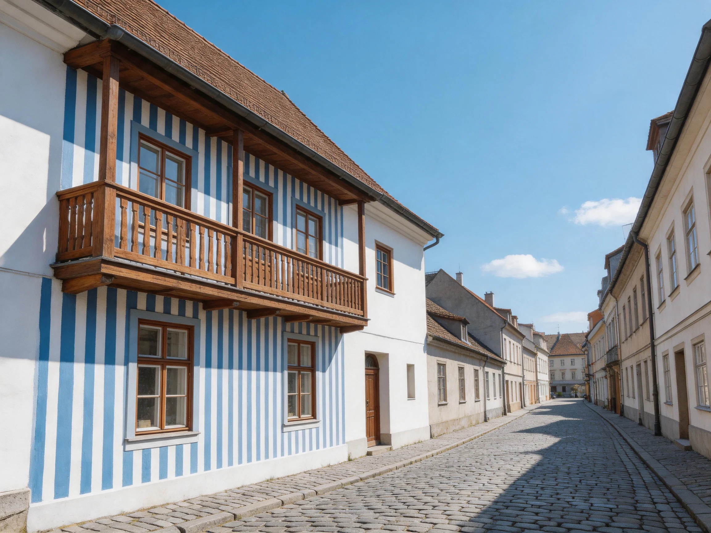 Historic cobblestone street with blue-striped timber building