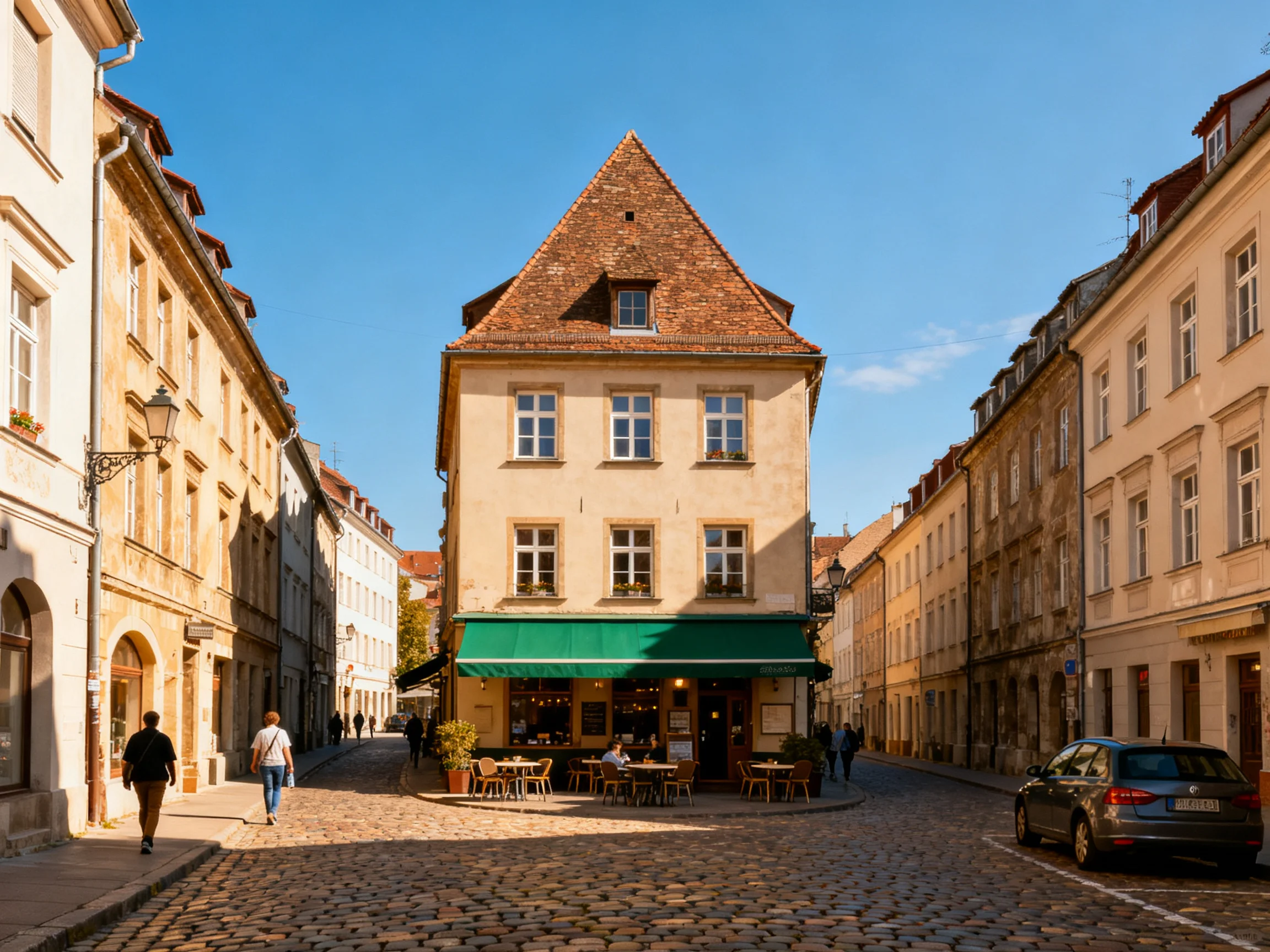 Historic cobblestone street with central beige building and green awning