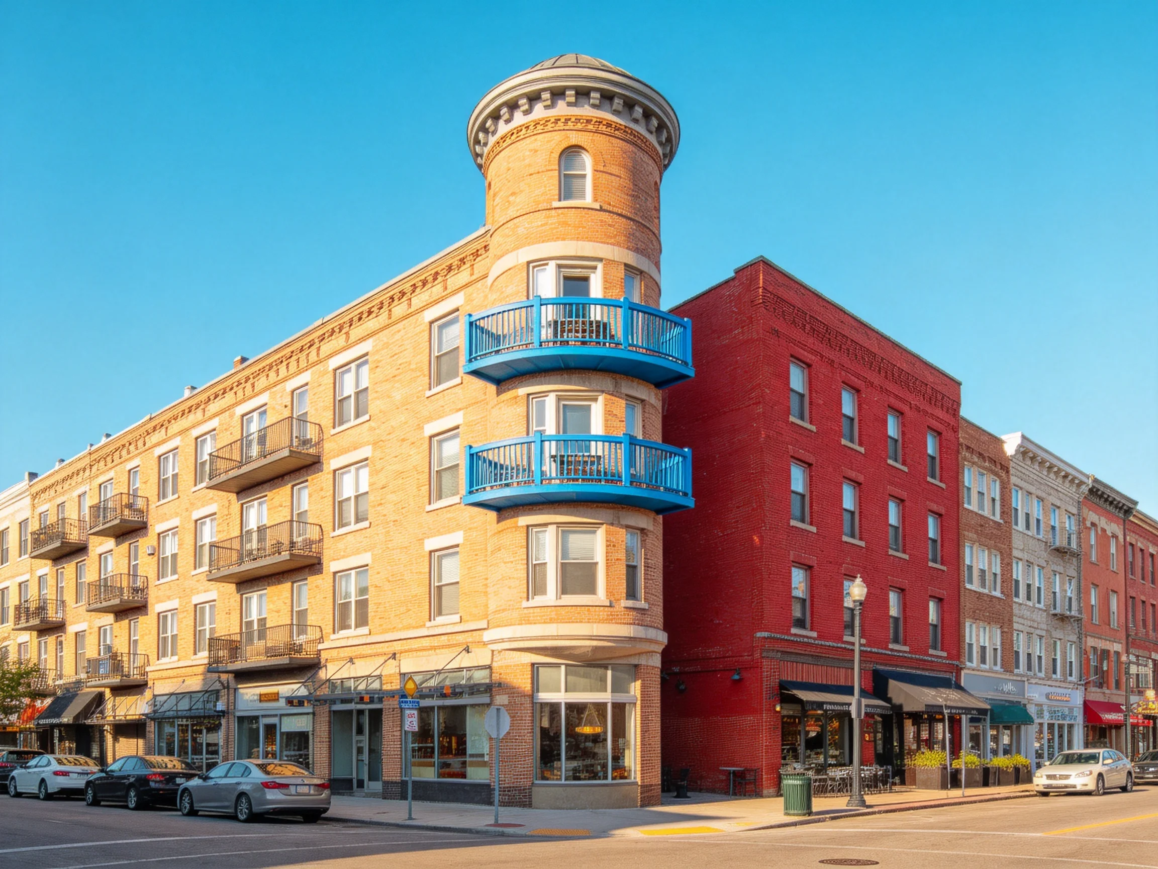 Historic corner building with blue balconies beside red brick structure