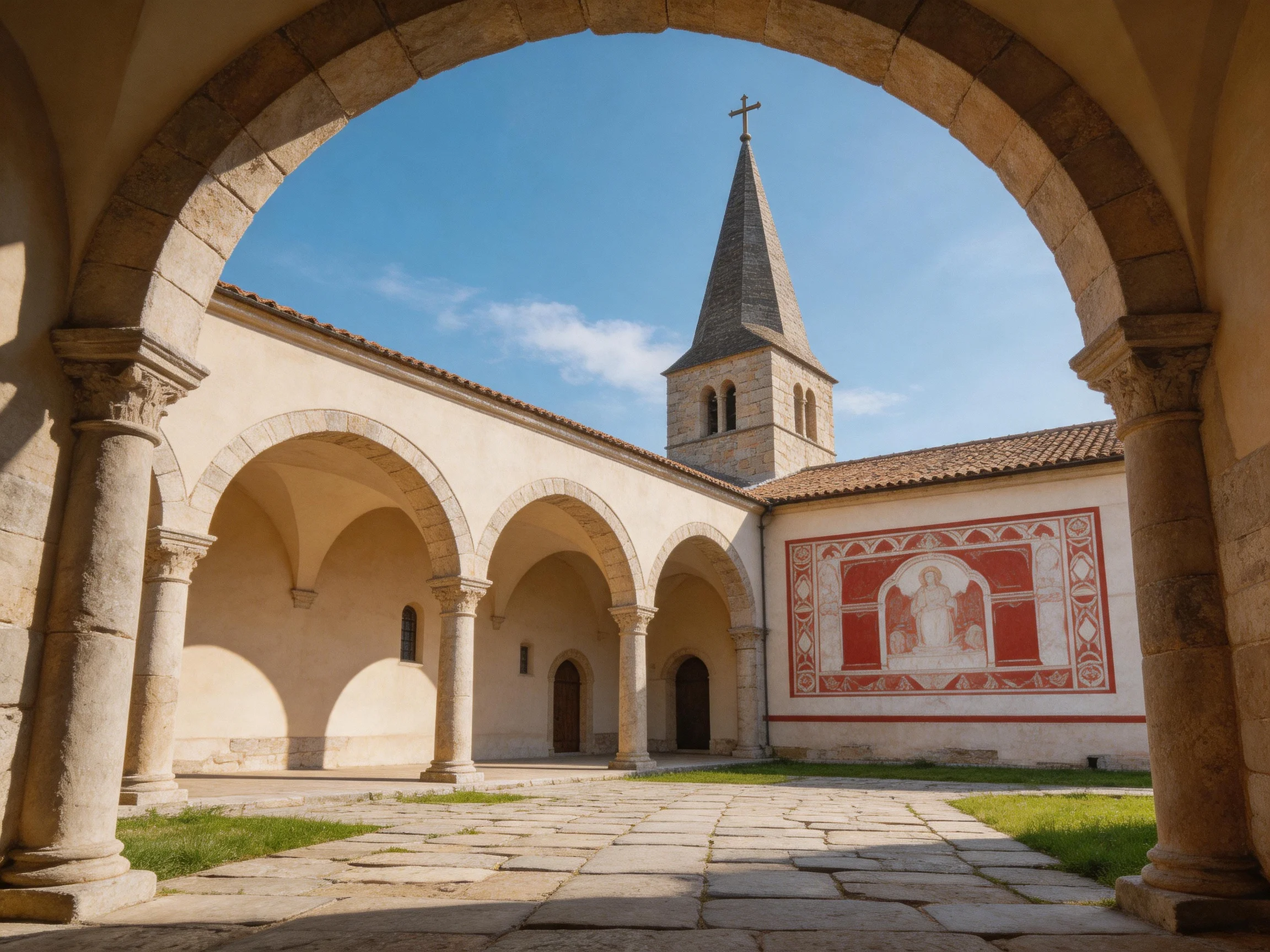 Historic courtyard with stone arches, church tower, red mural