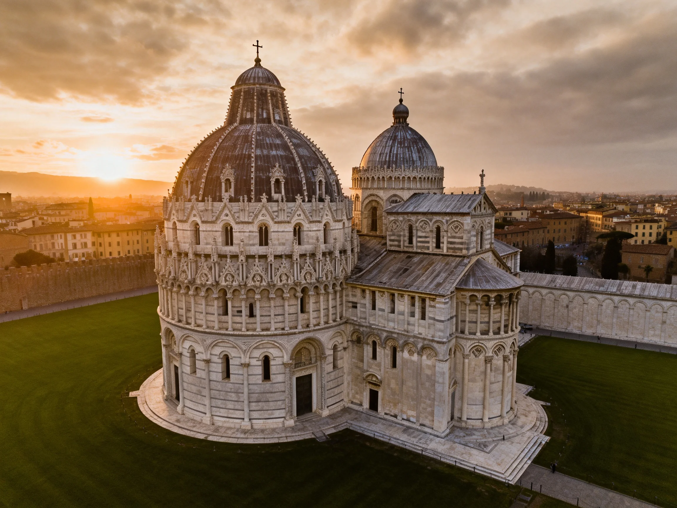 Historic domed religious structures in Pisa at sunset