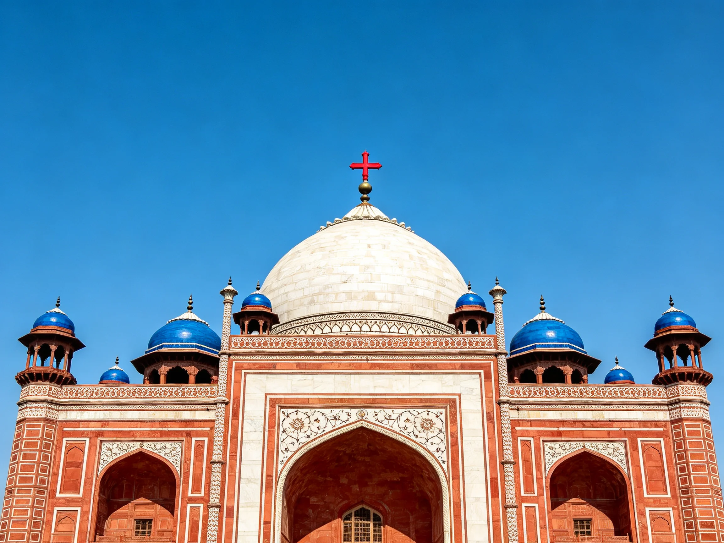 Historic monument with white dome, blue domes
