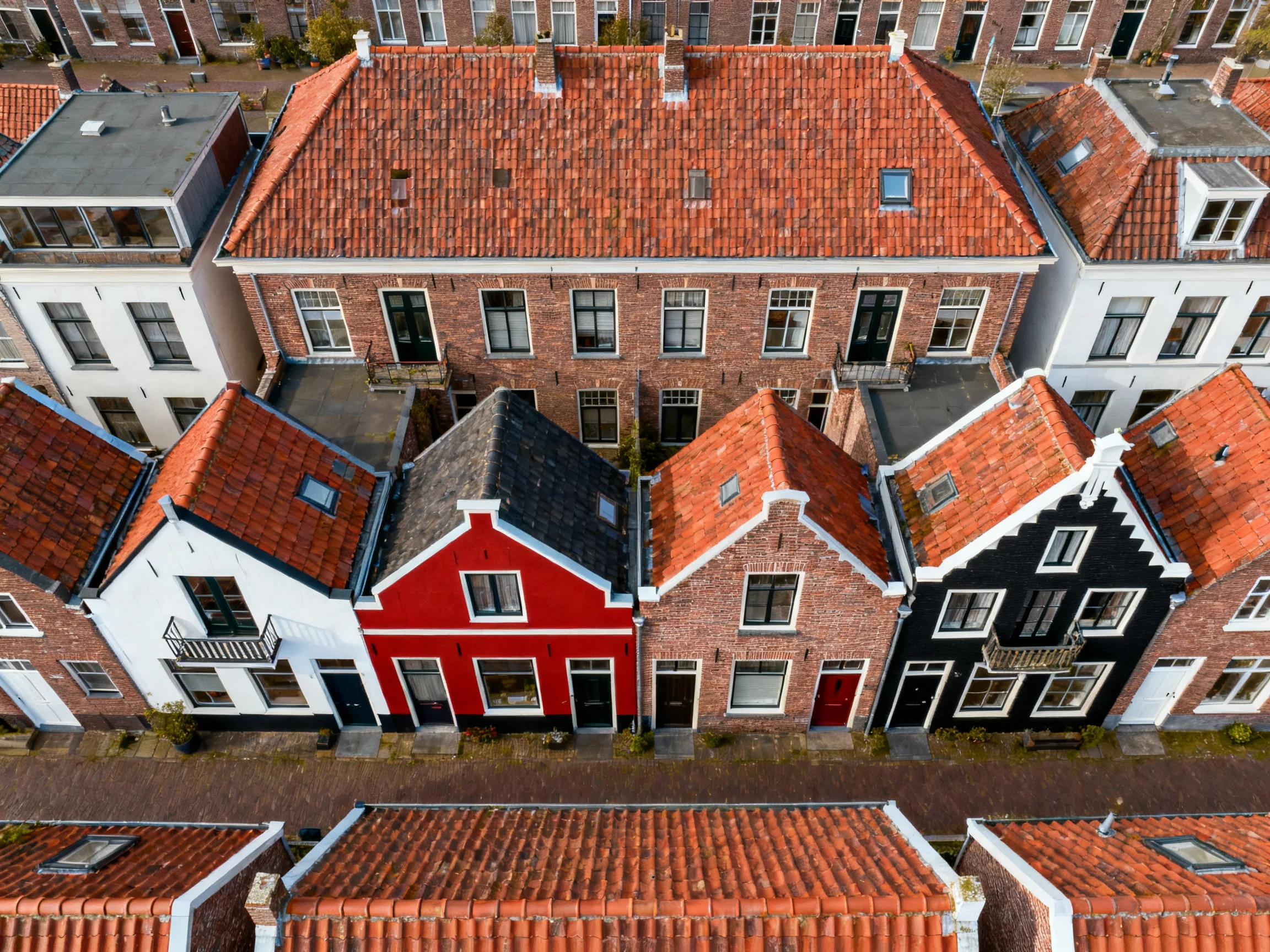Historic neighborhood with vibrant Dutch houses and red-tiled roofs