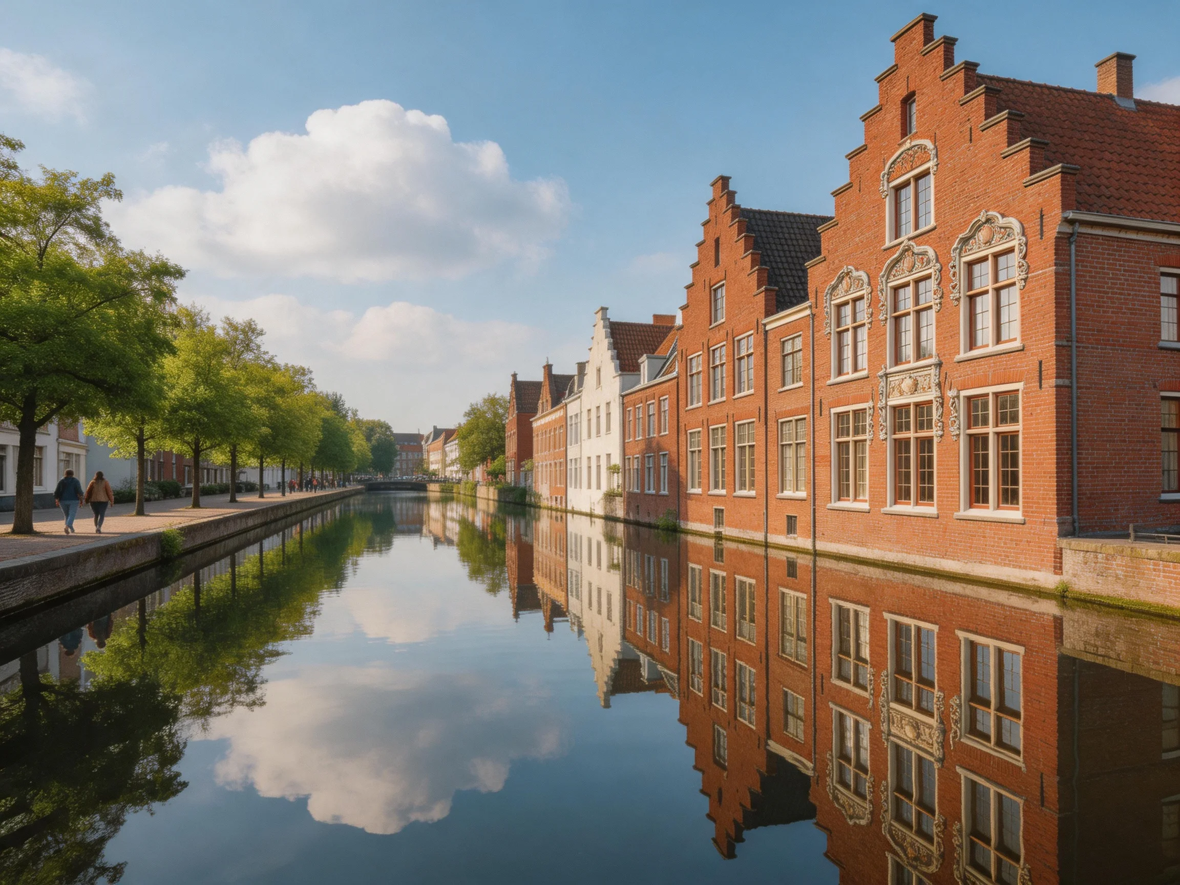 Historic red-brick buildings reflect in a serene canal with tree-lined paths