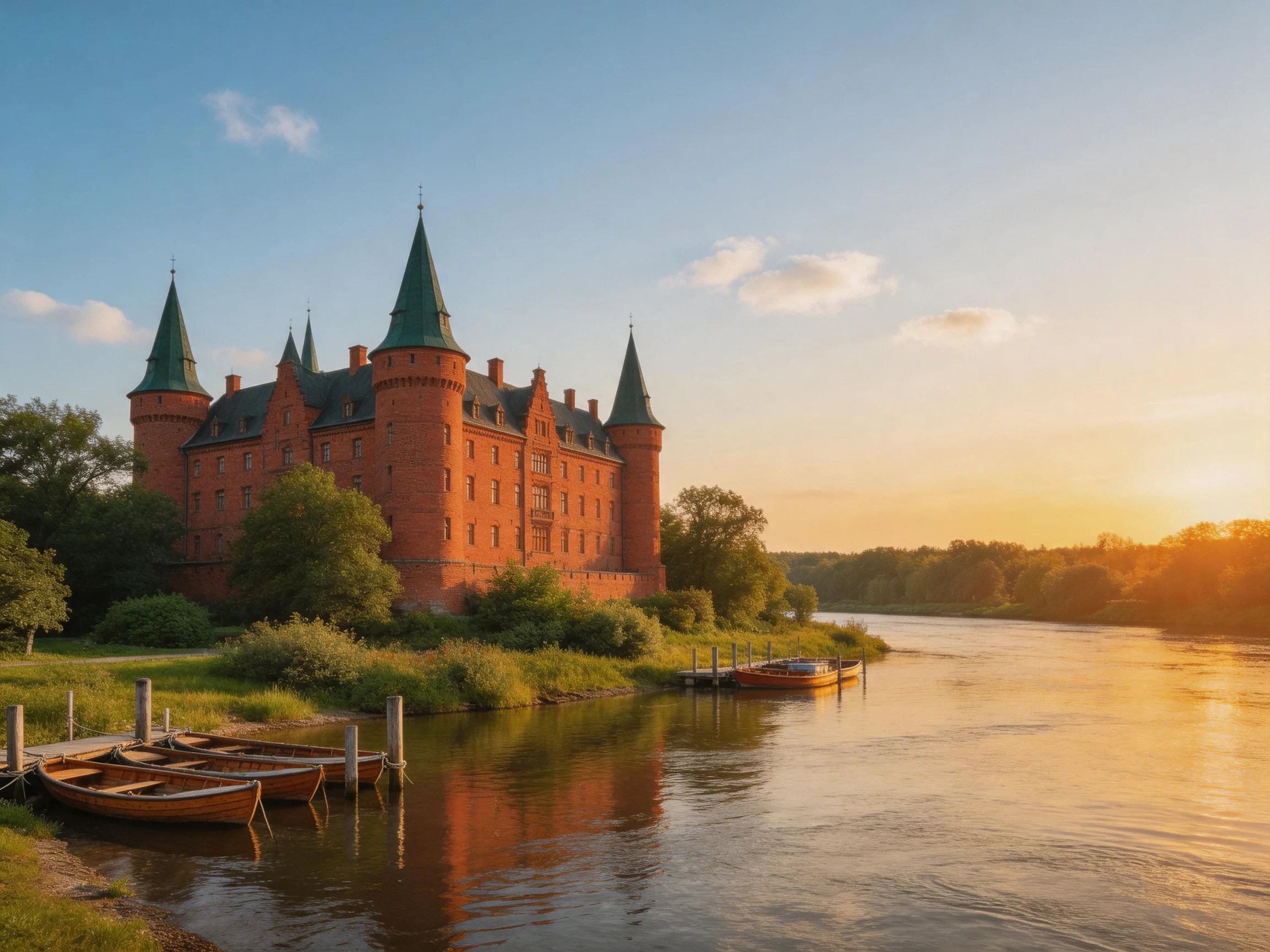 Historic red-brick castle beside a tranquil river at golden sunset