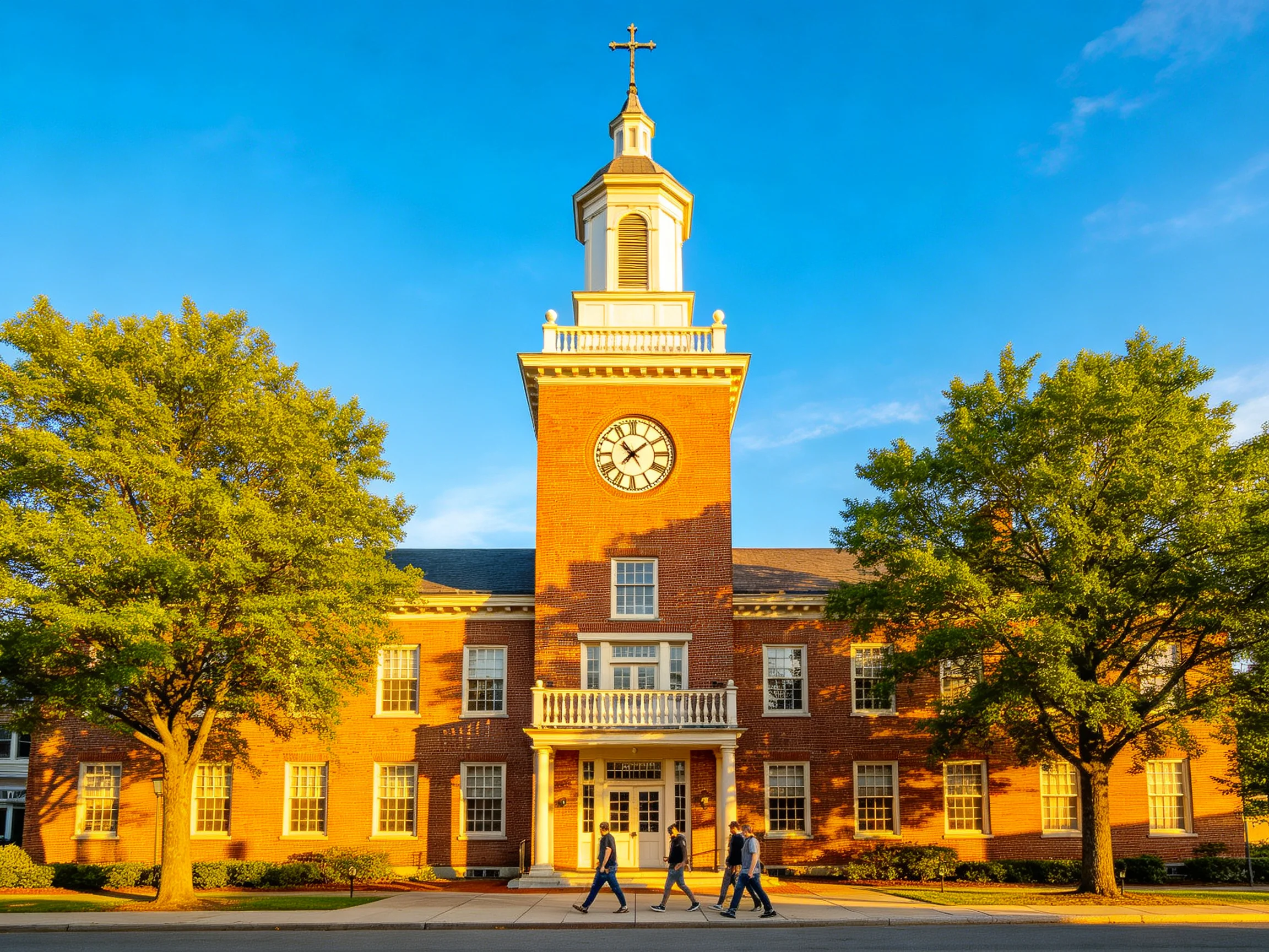 Historic red-brick clock tower building with green trees and pedestrians