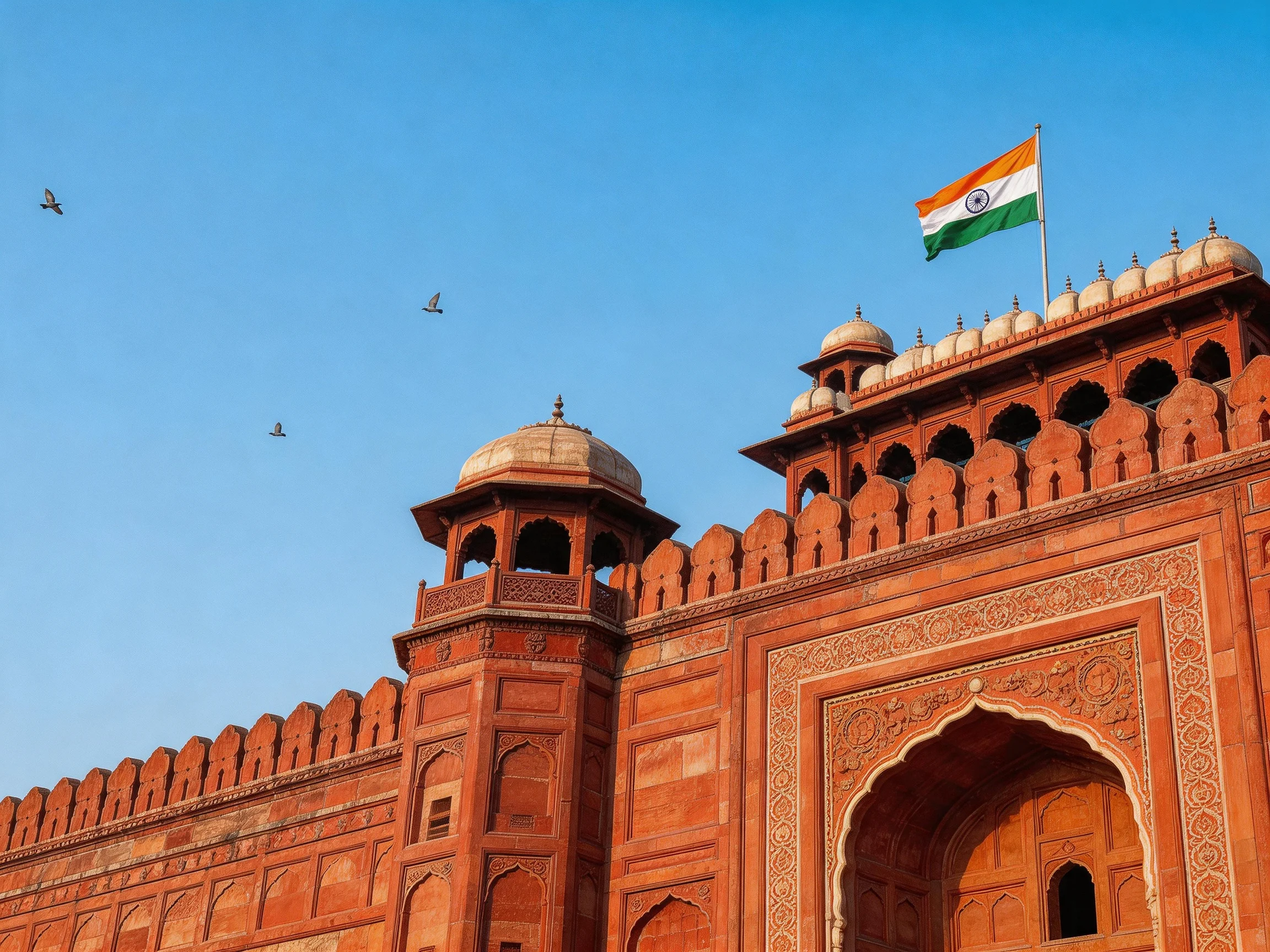 Historic red sandstone fortress with Indian flag under clear blue sky