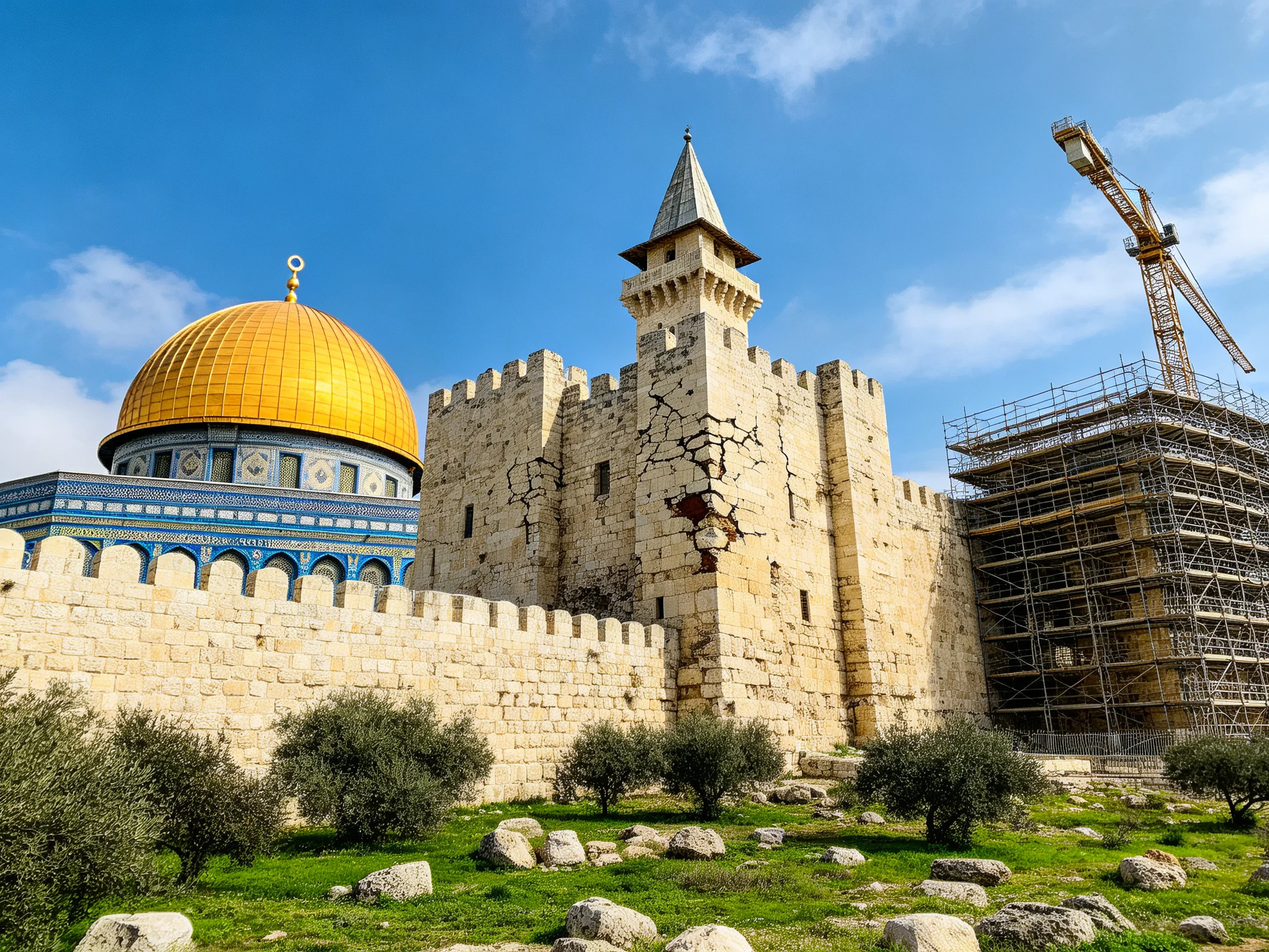 Historic site with golden dome, stone fortress, and construction scaffolding