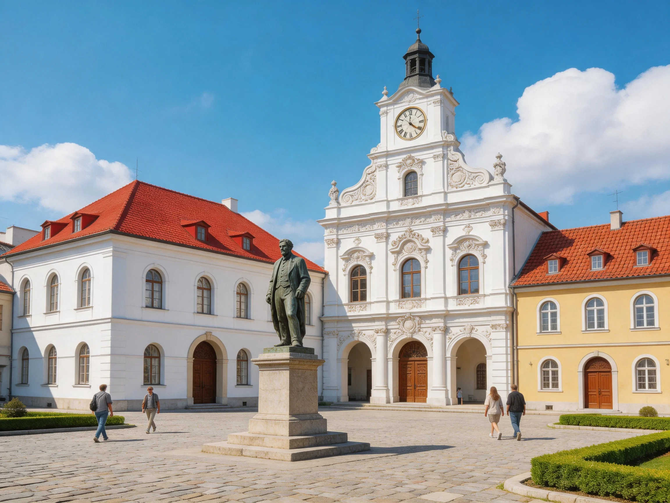 Historic square with ornate white clock tower and colorful adjacent buildings