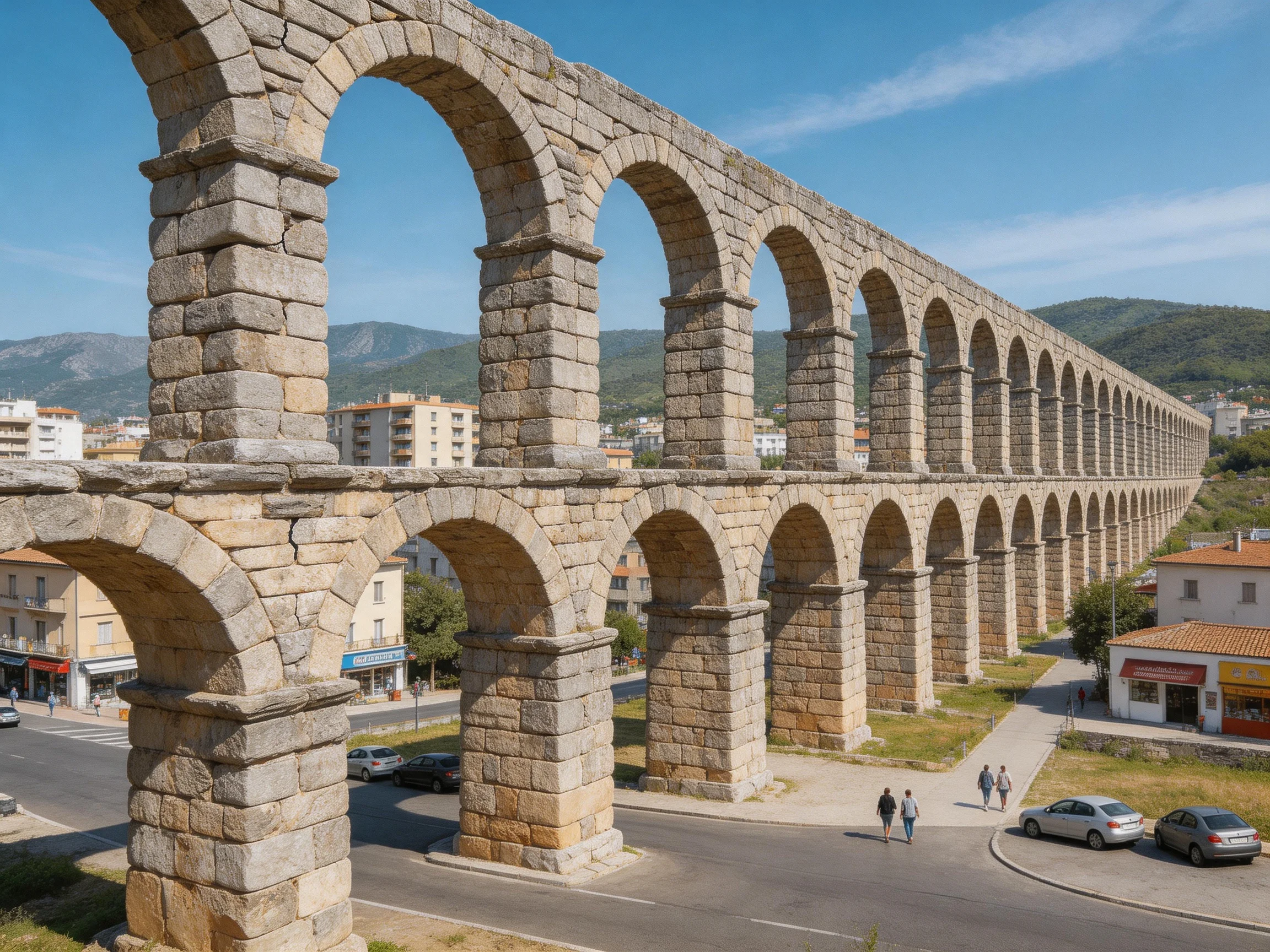 Historic stone aqueduct with dual rows of arches near modern buildings