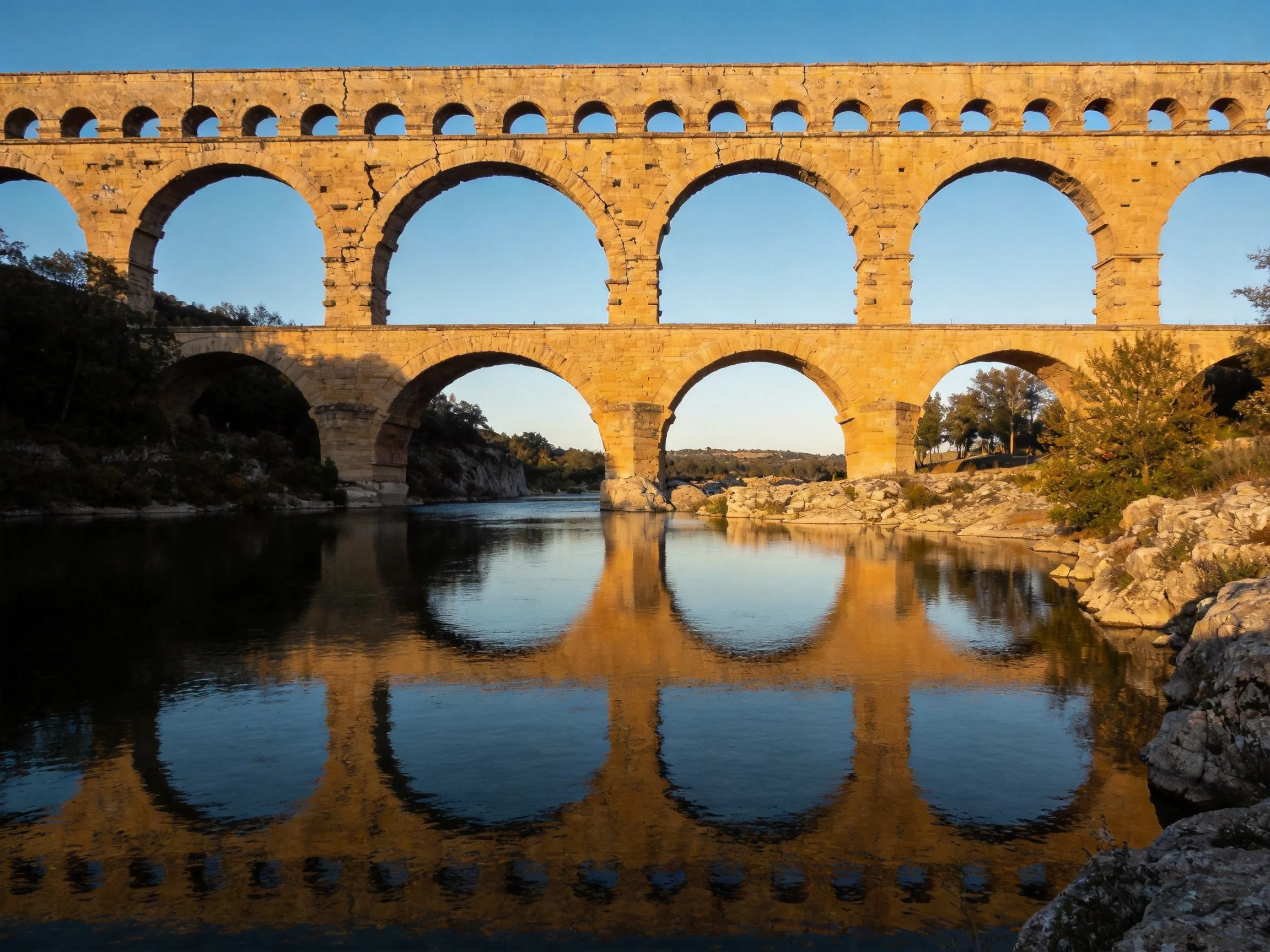 Historic stone aqueduct with golden arches reflecting in calm water