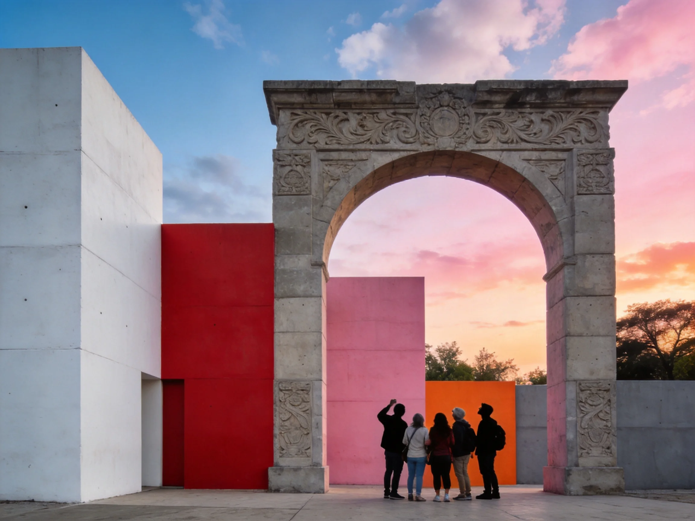 Historic stone arch amid bright colored panels at sunset