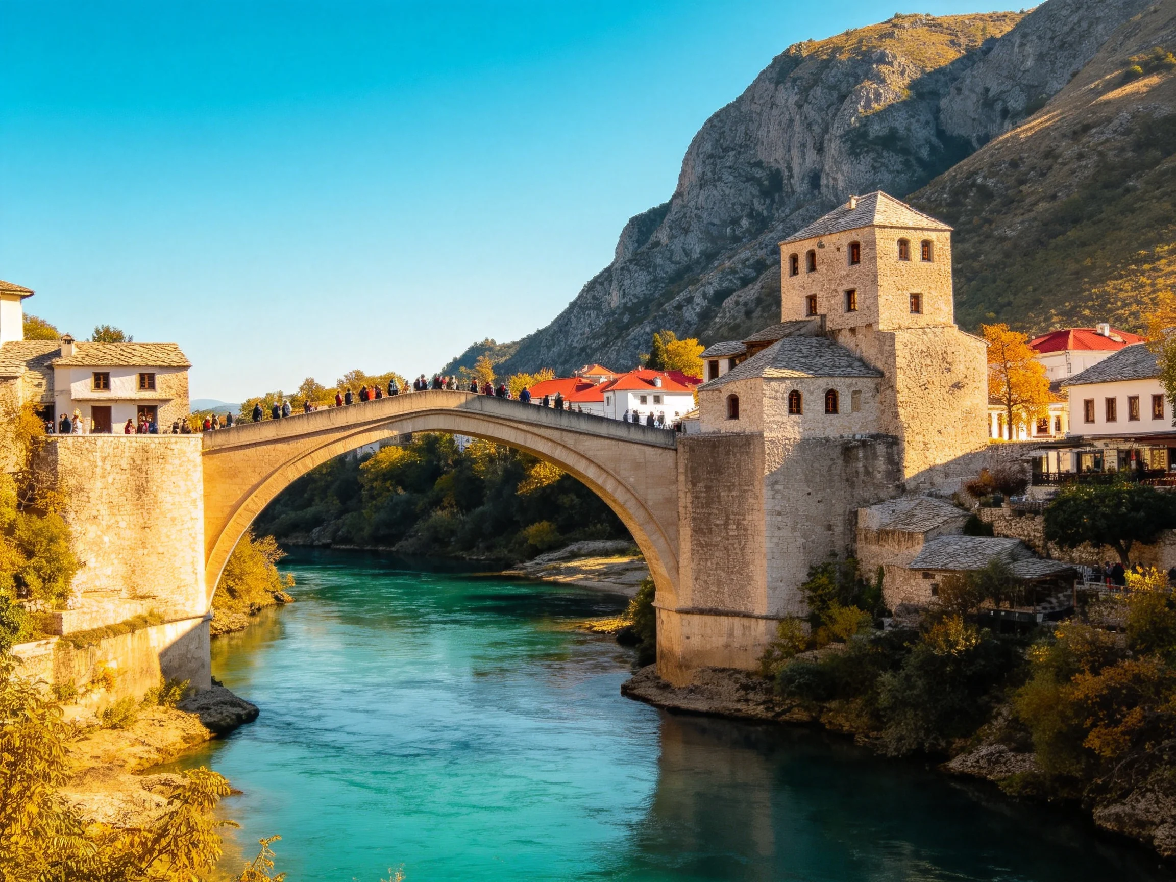 Historic stone arch bridge spans turquoise river near rocky mountains