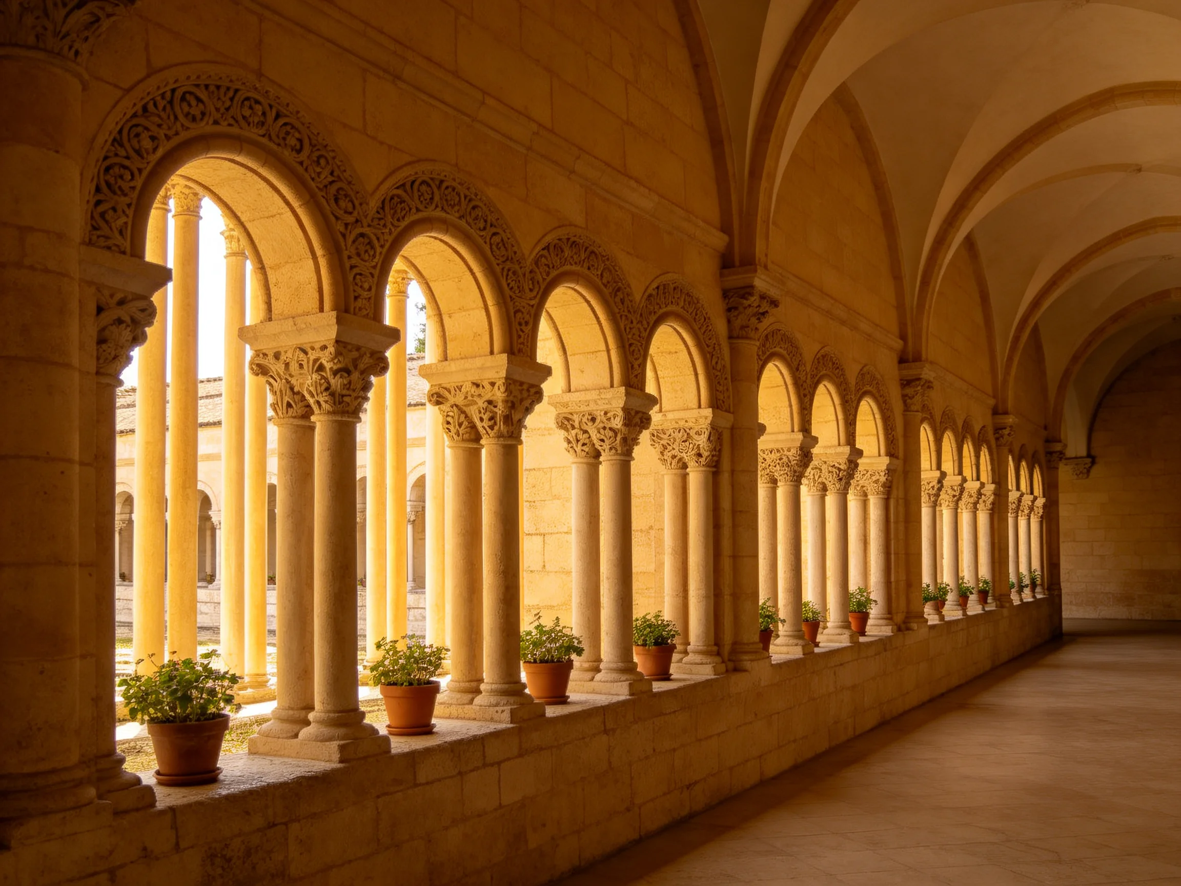 Historic stone archway corridor with ornate columns and potted plants