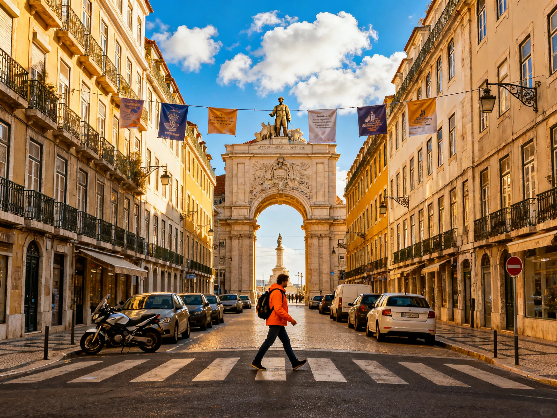 Historic stone archway spans cobblestone street with colorful banners