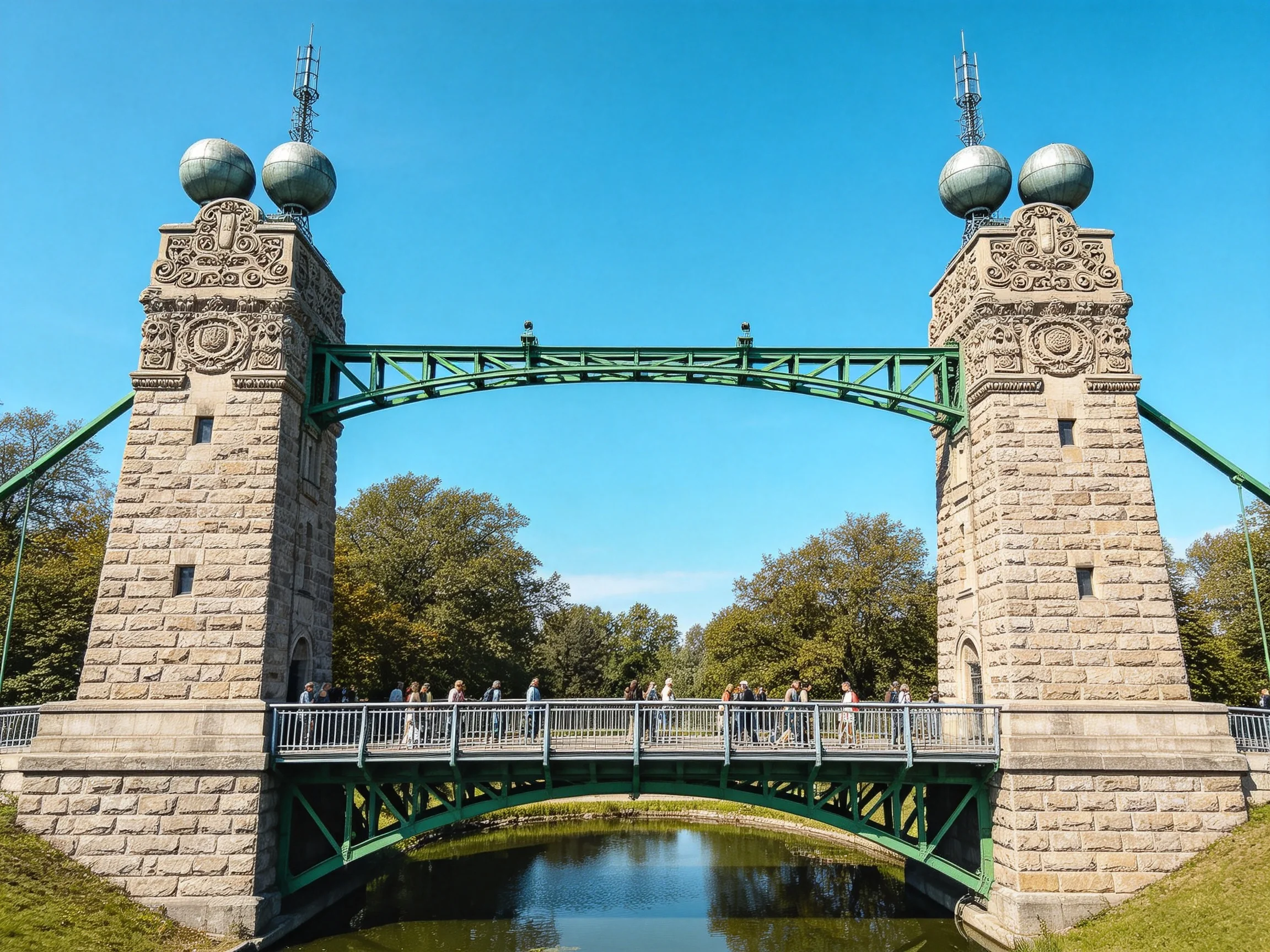 Historic stone bridge with green metal arches spans a serene waterway