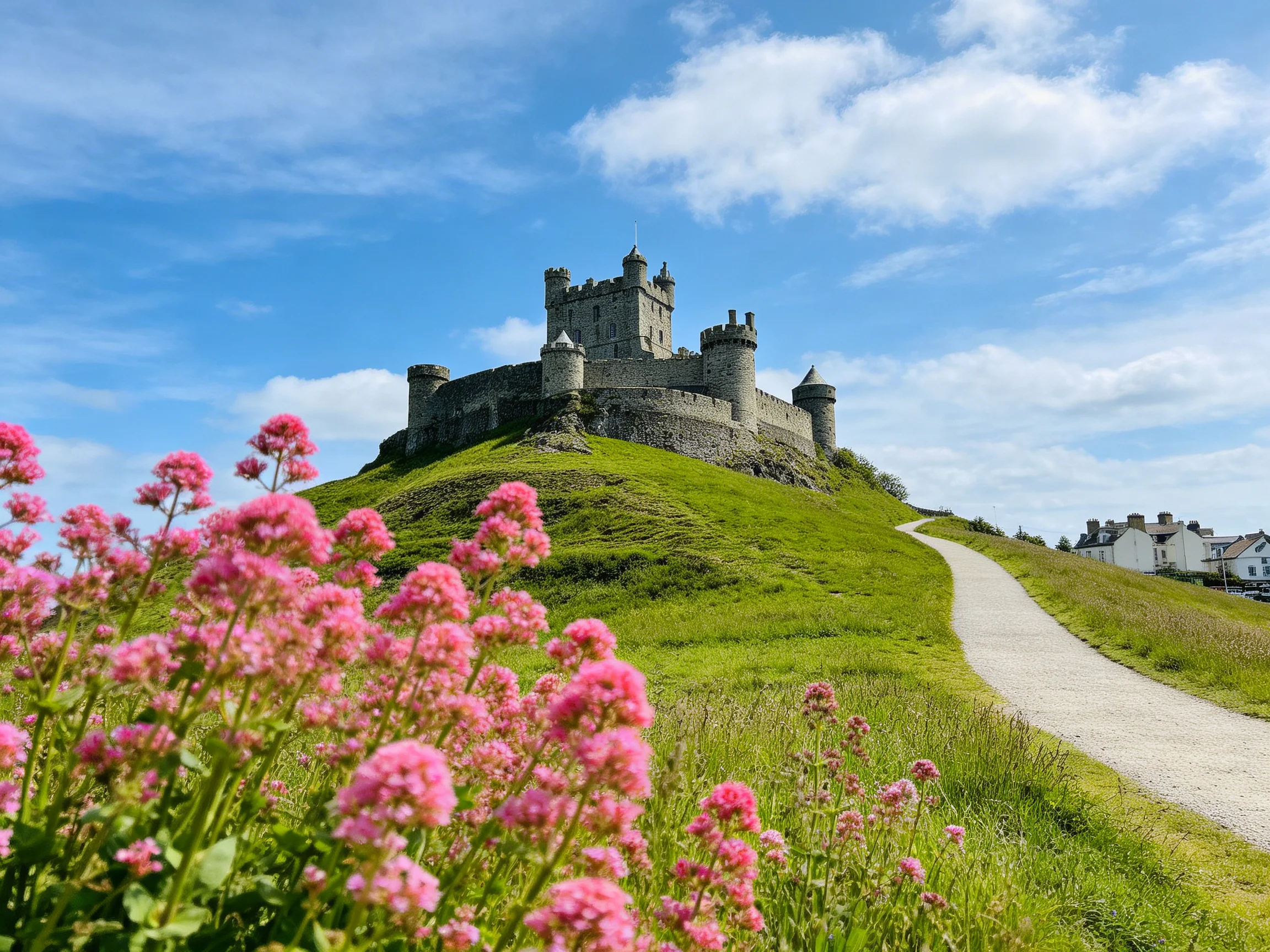 Historic stone castle atop a lush green hill with pink wildflowers