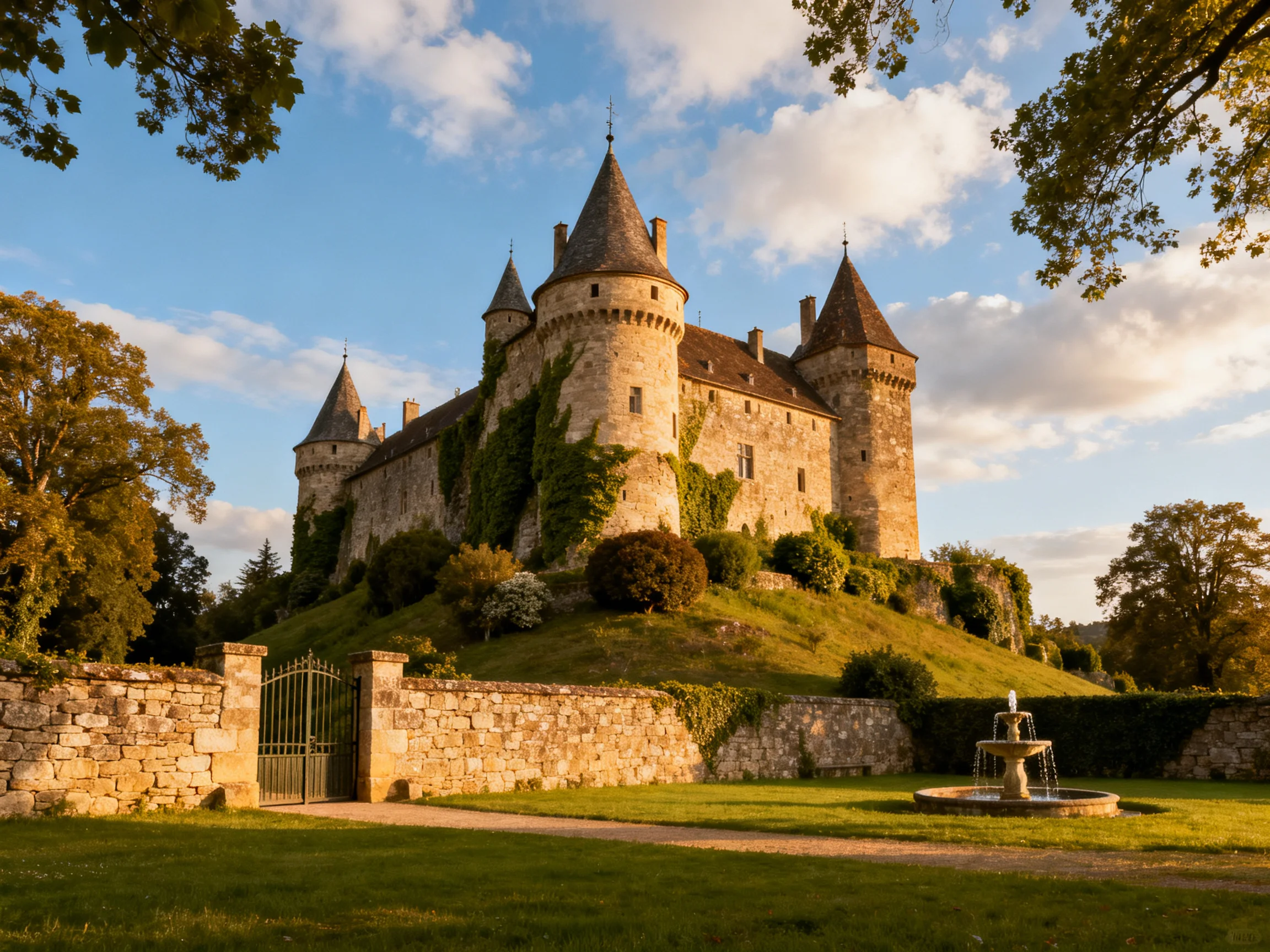 Historic stone castle with ivy-covered towers atop a grassy hill