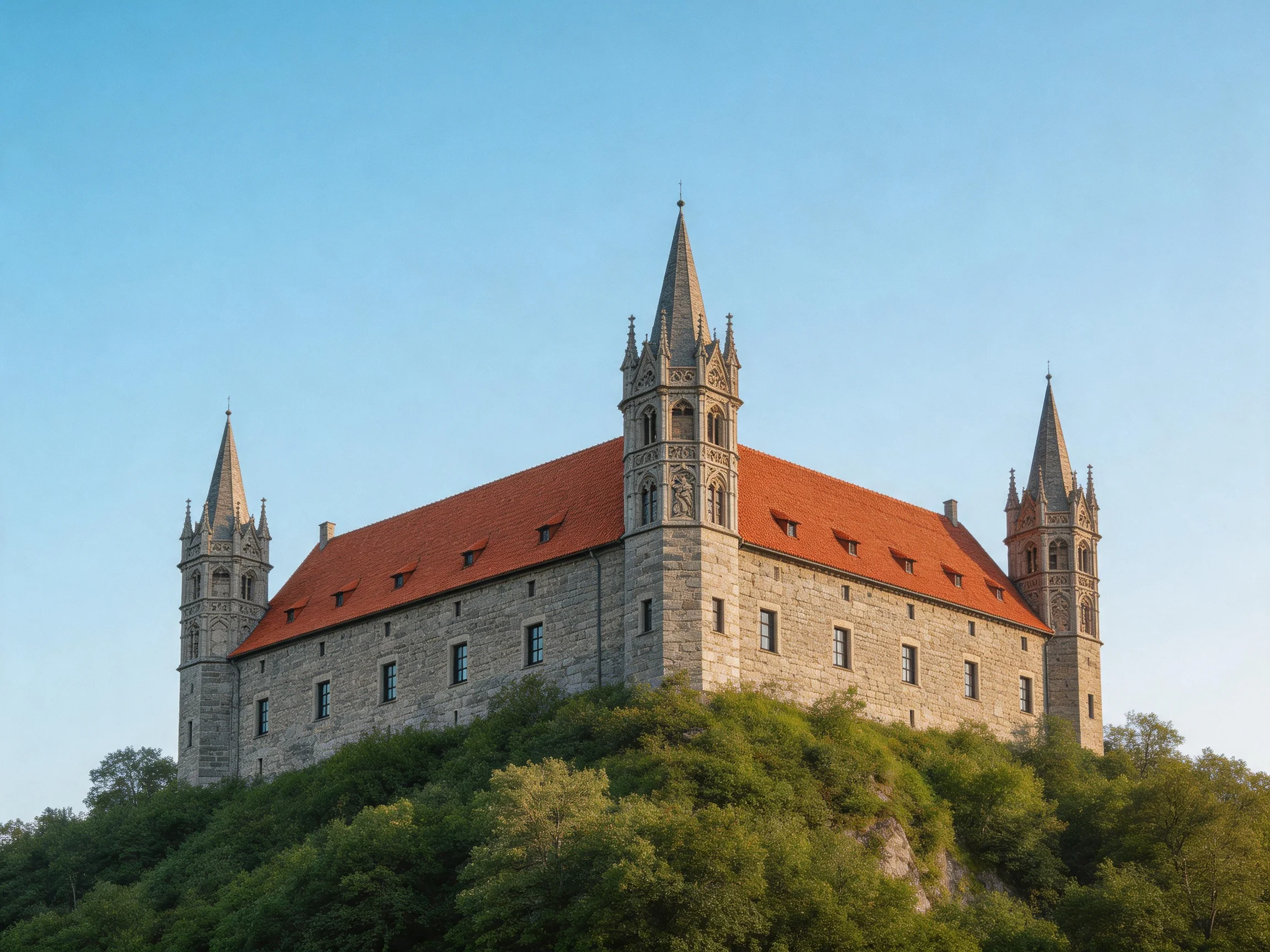 Historic stone castle with red roofs on a forested hill