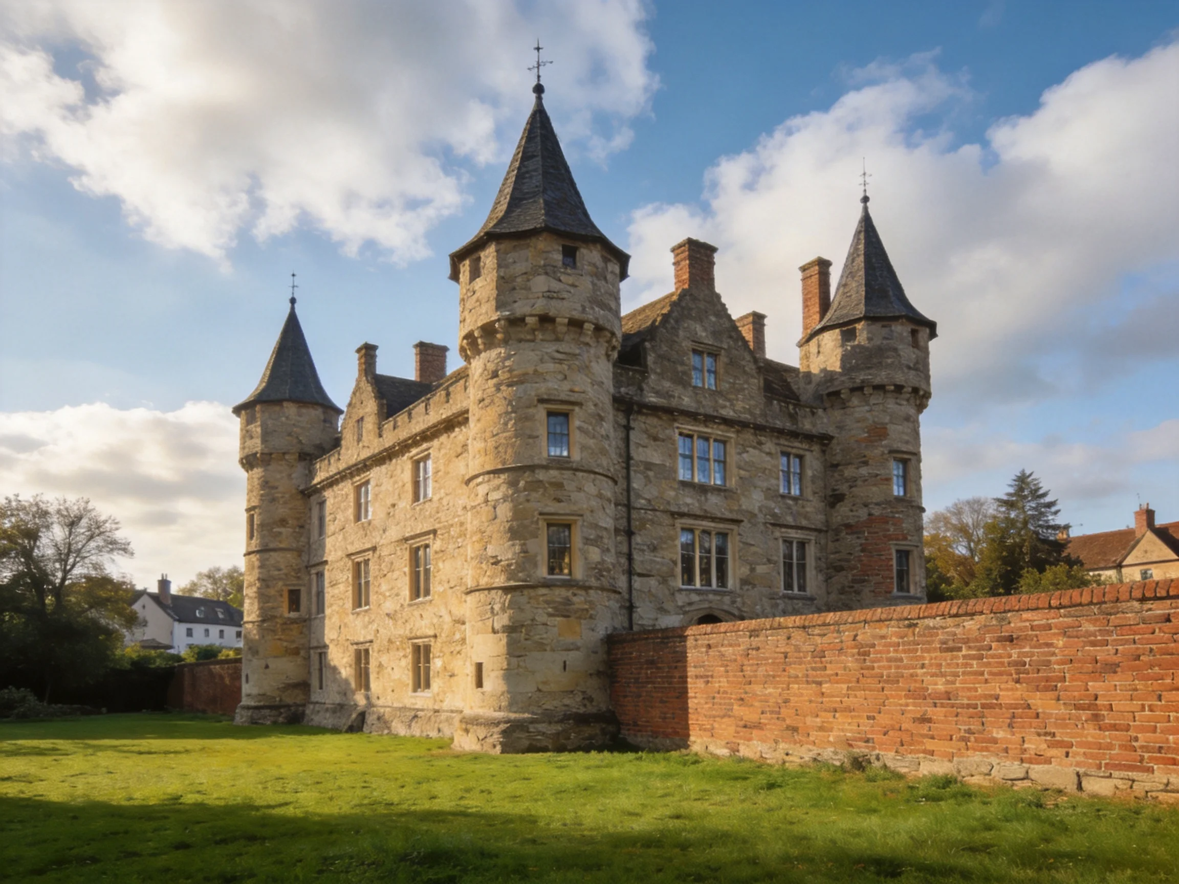 Historic stone castle with three towers near a brick wall