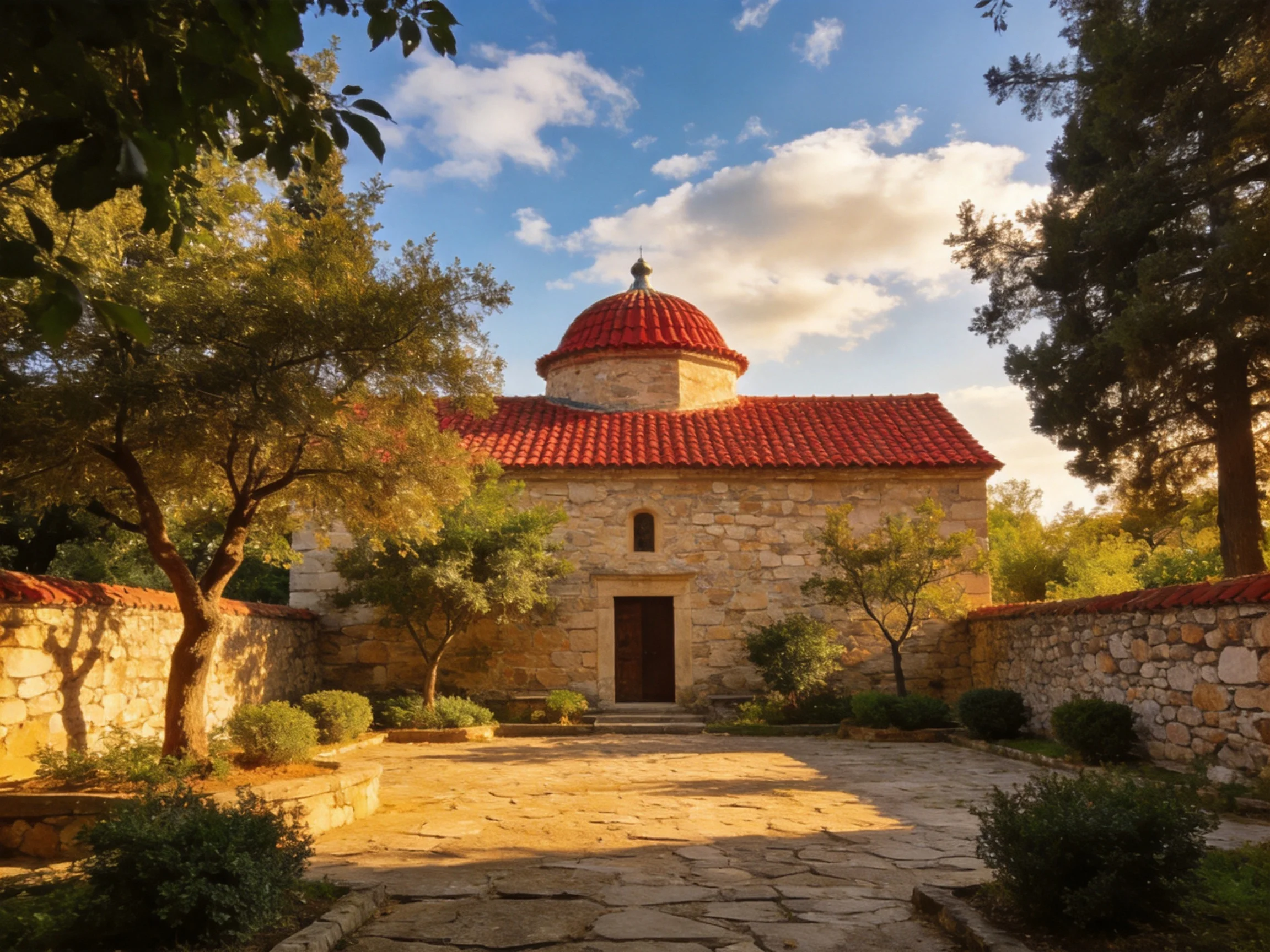 Historic stone chapel with red domed roof in a tree-filled courtyard