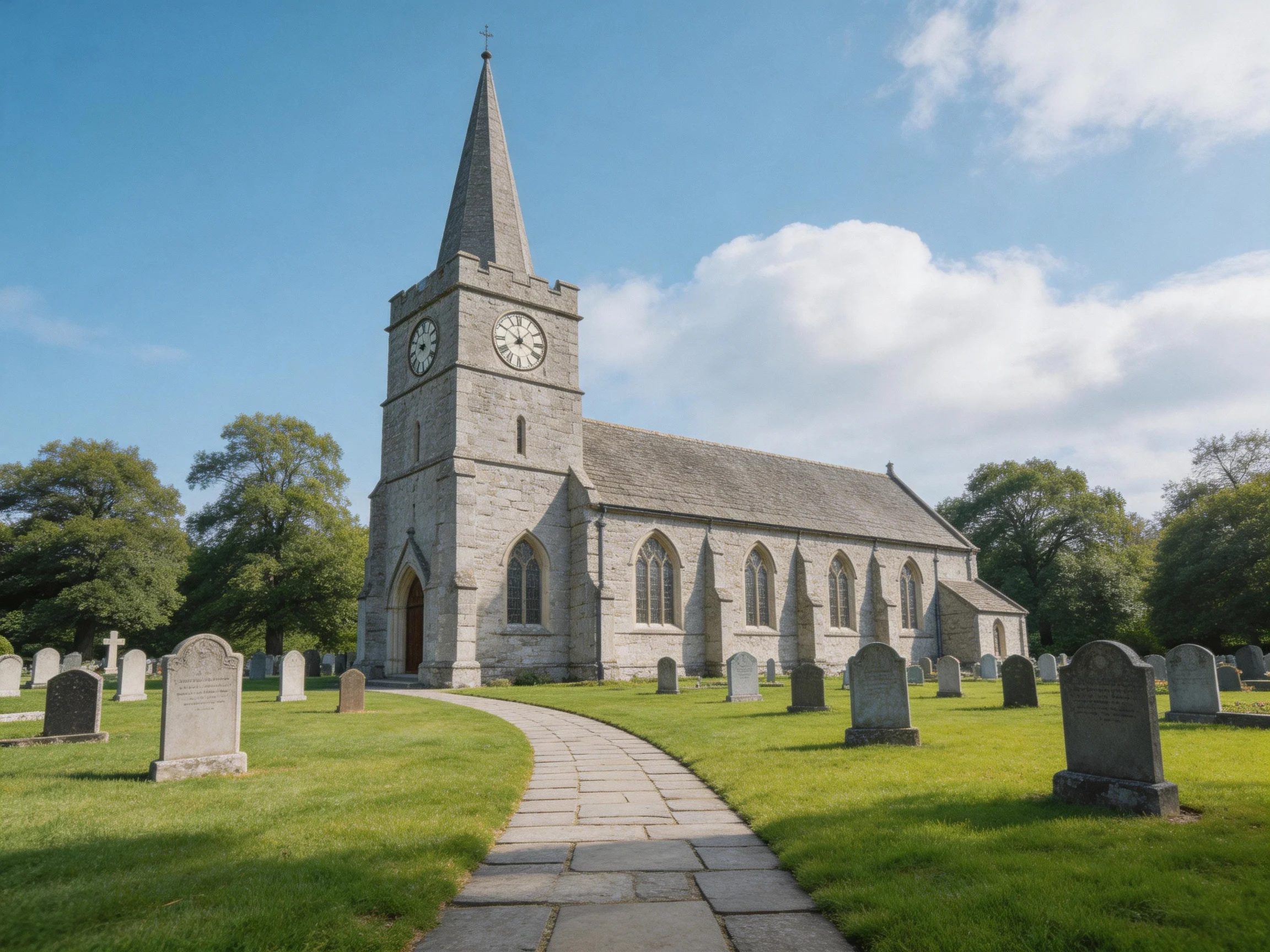 Historic stone church with clock tower near a peaceful graveyard