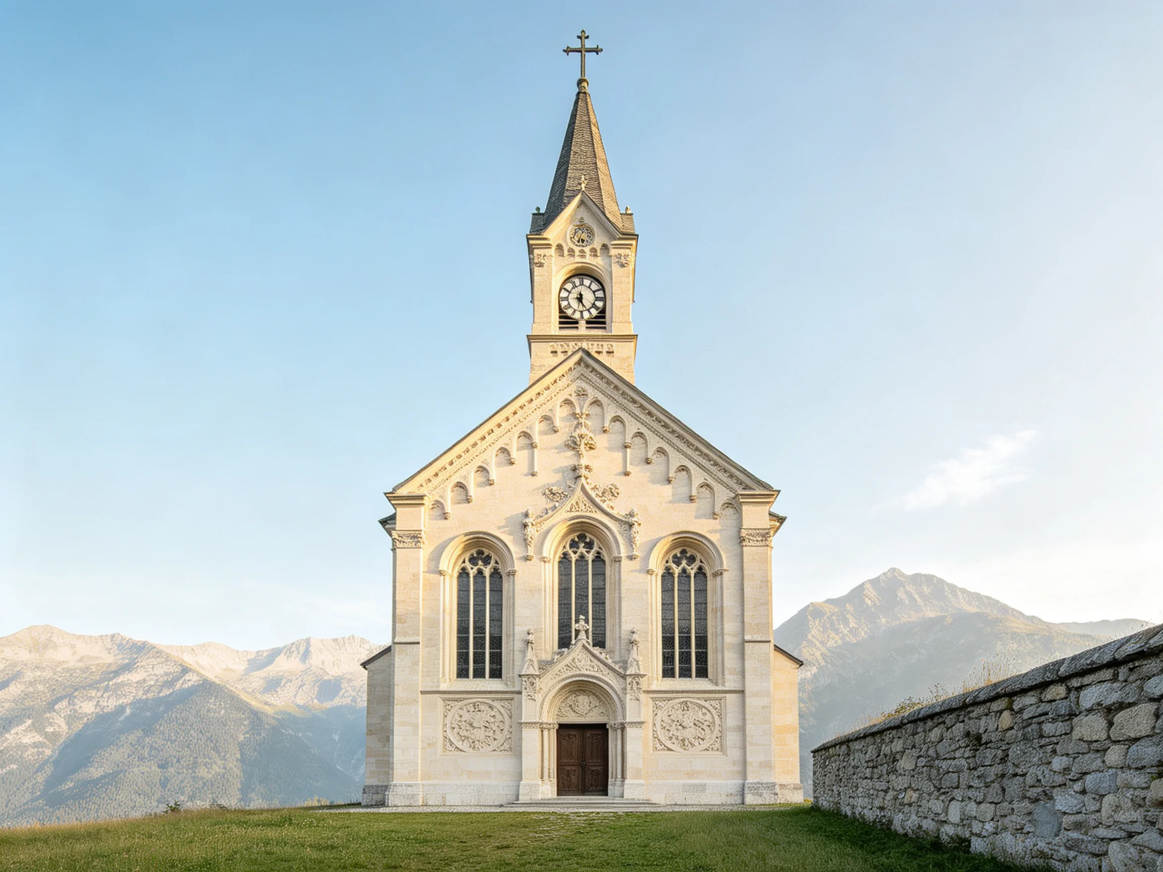 Historic stone church with clock tower near mountainous landscape