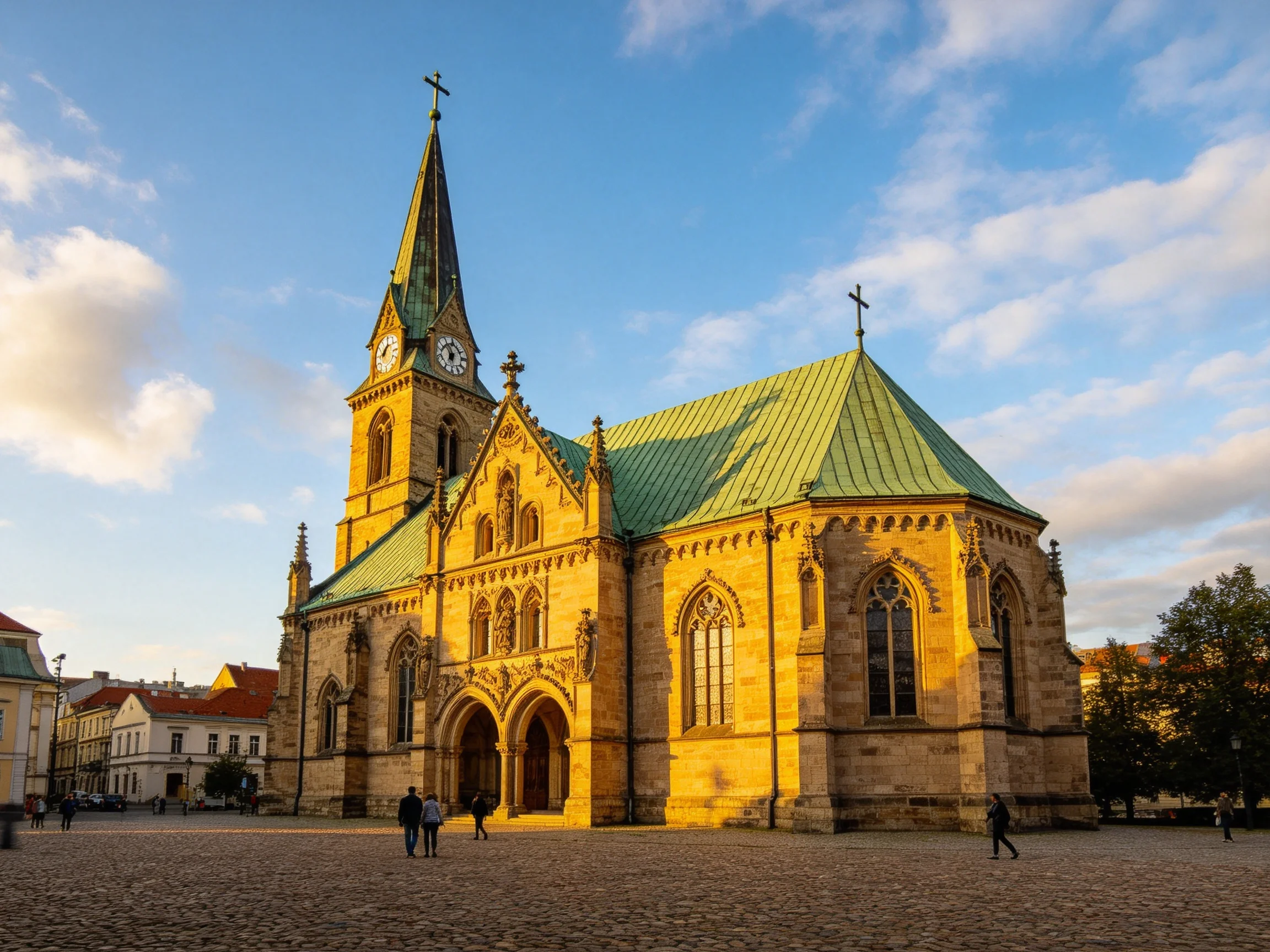 Historic stone church with green roof and tall clock tower