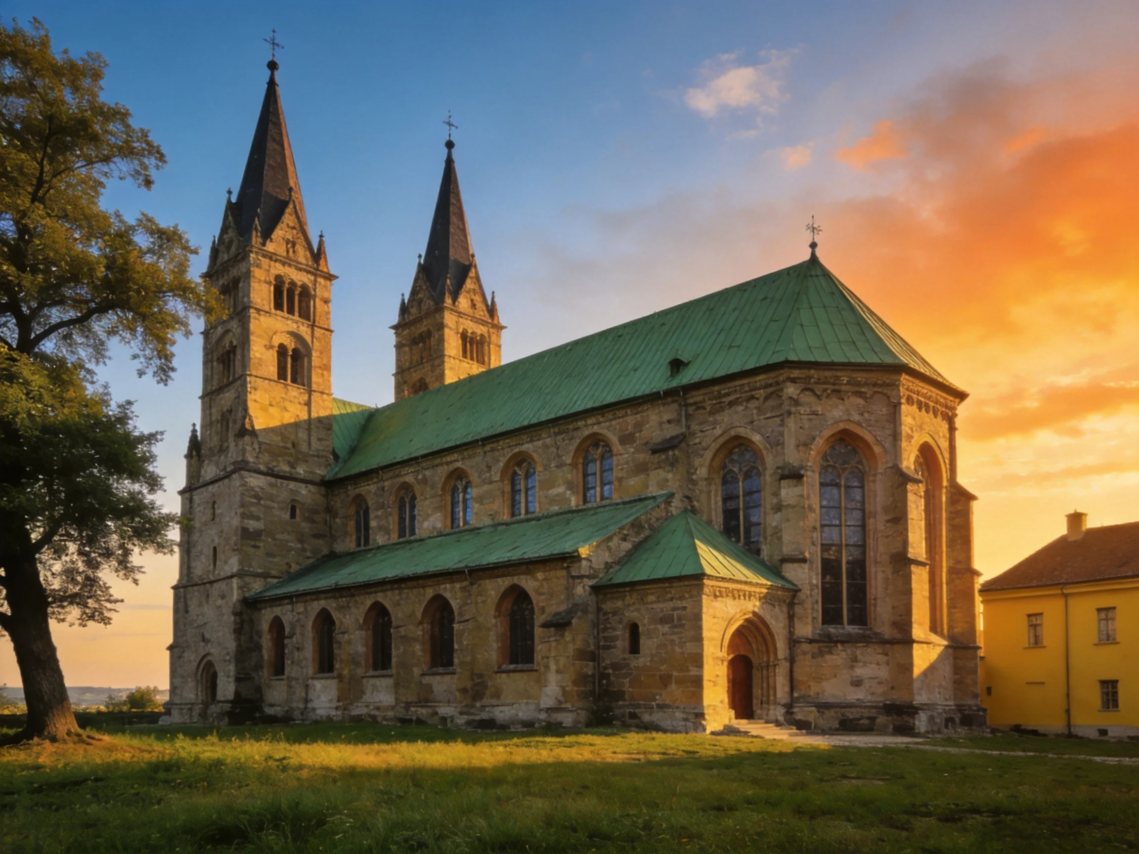 Historic stone church with green roofs, twin spires, and golden sunset