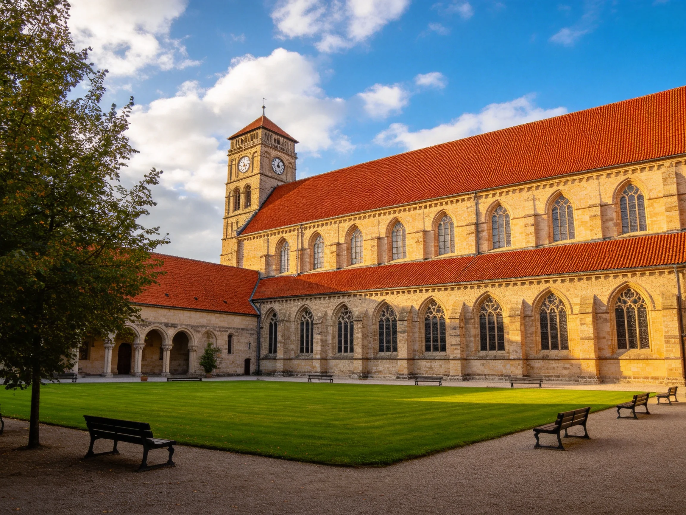 Historic stone church with red roofs, clock tower, and green courtyard