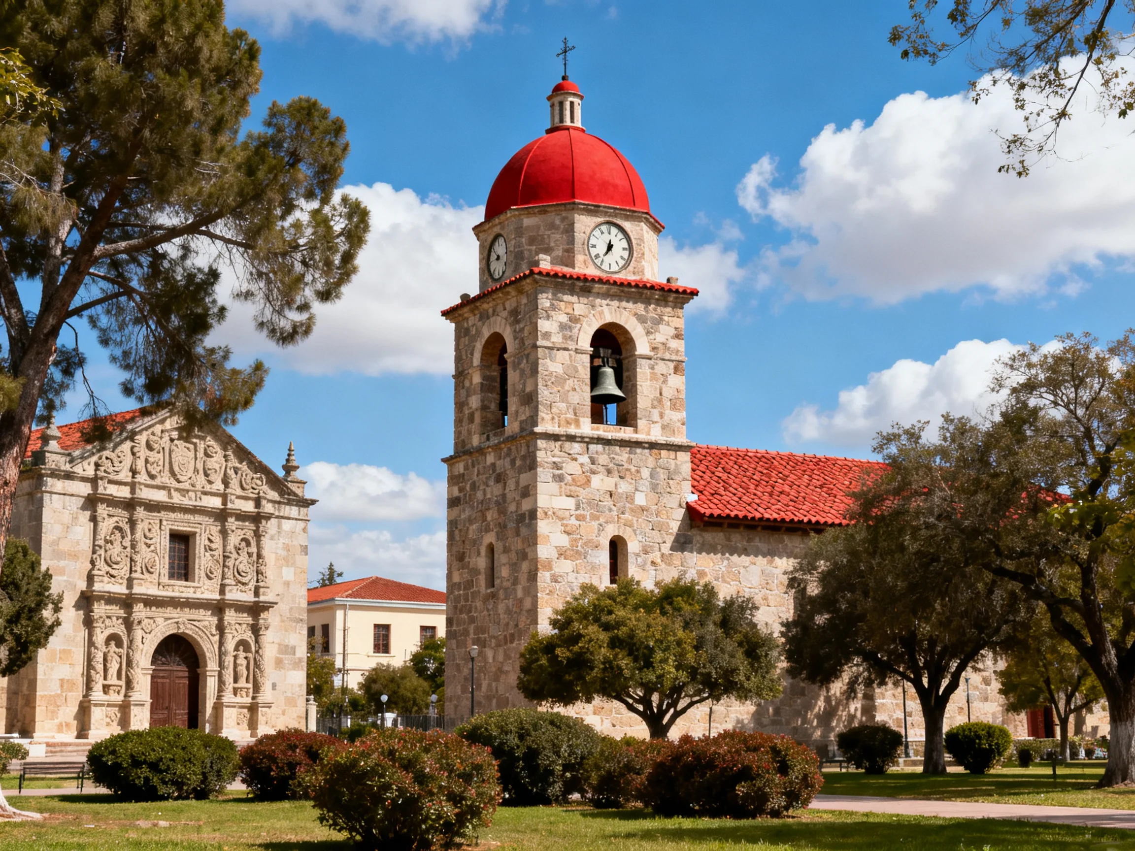Historic stone church with reddomed tower and clock, surrounded by greenery
