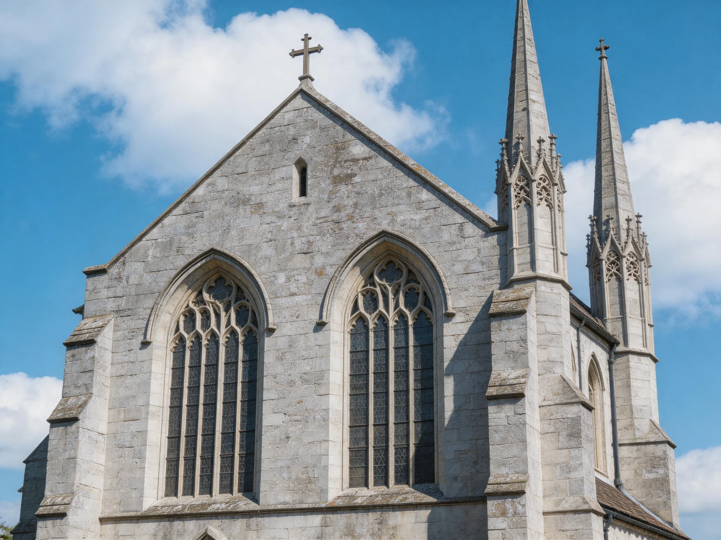 Historic stone church with tall spires and arched windows