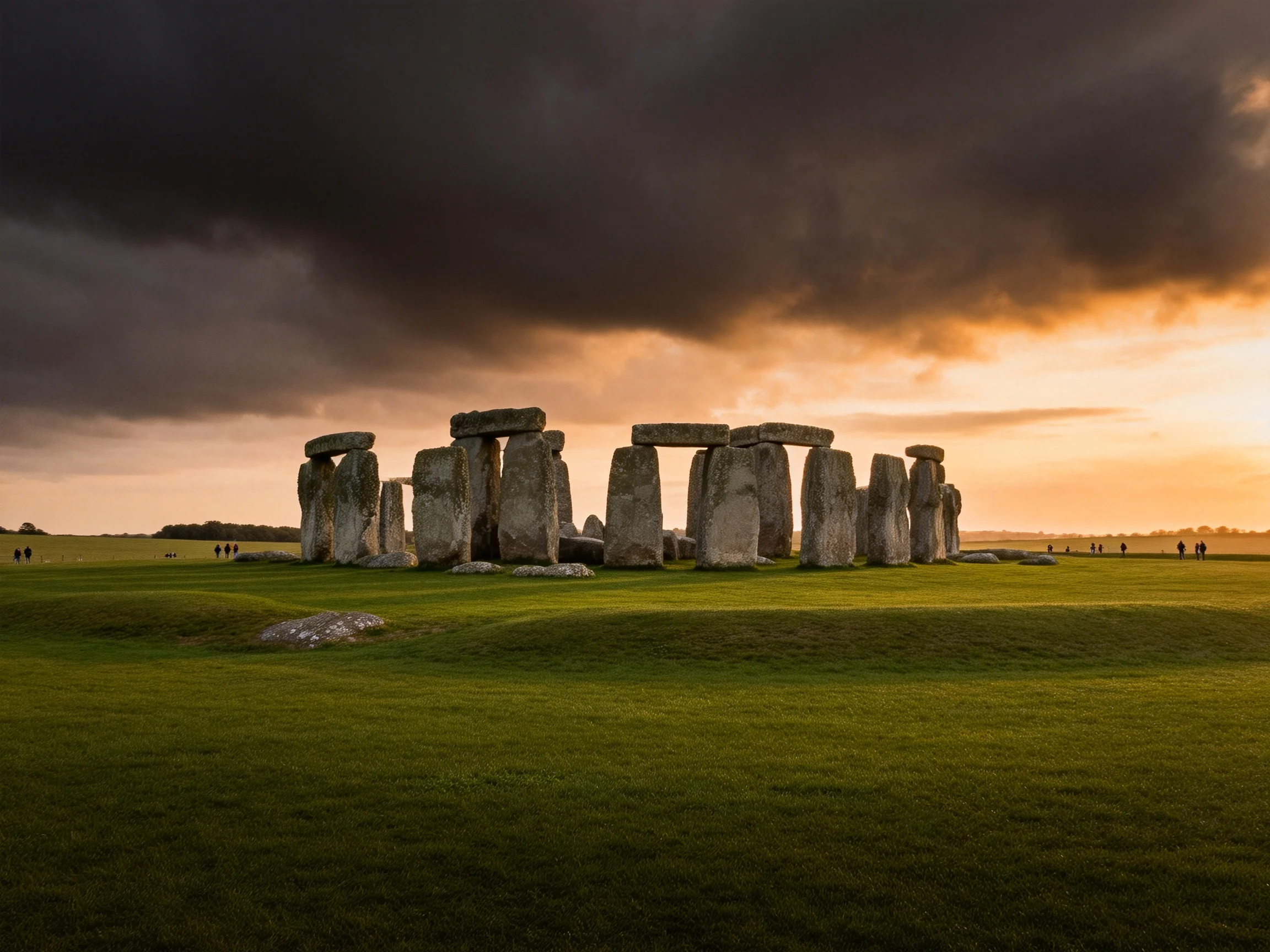 Historic stone circle with massive stones, dark clouds, and green landscape at sunset