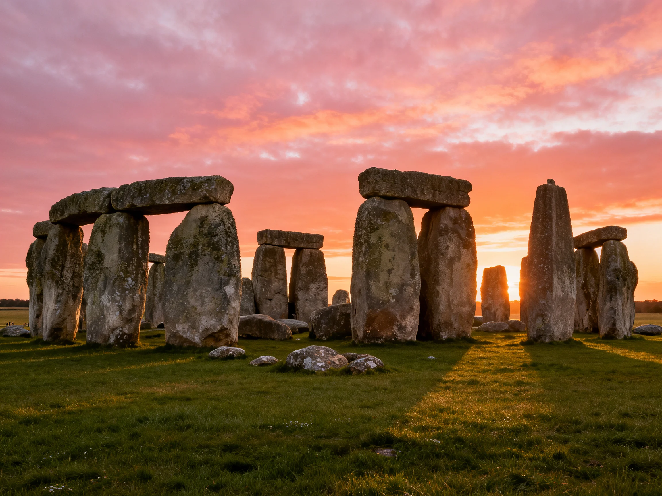 Historic stone circle with vibrant pink sunset sky